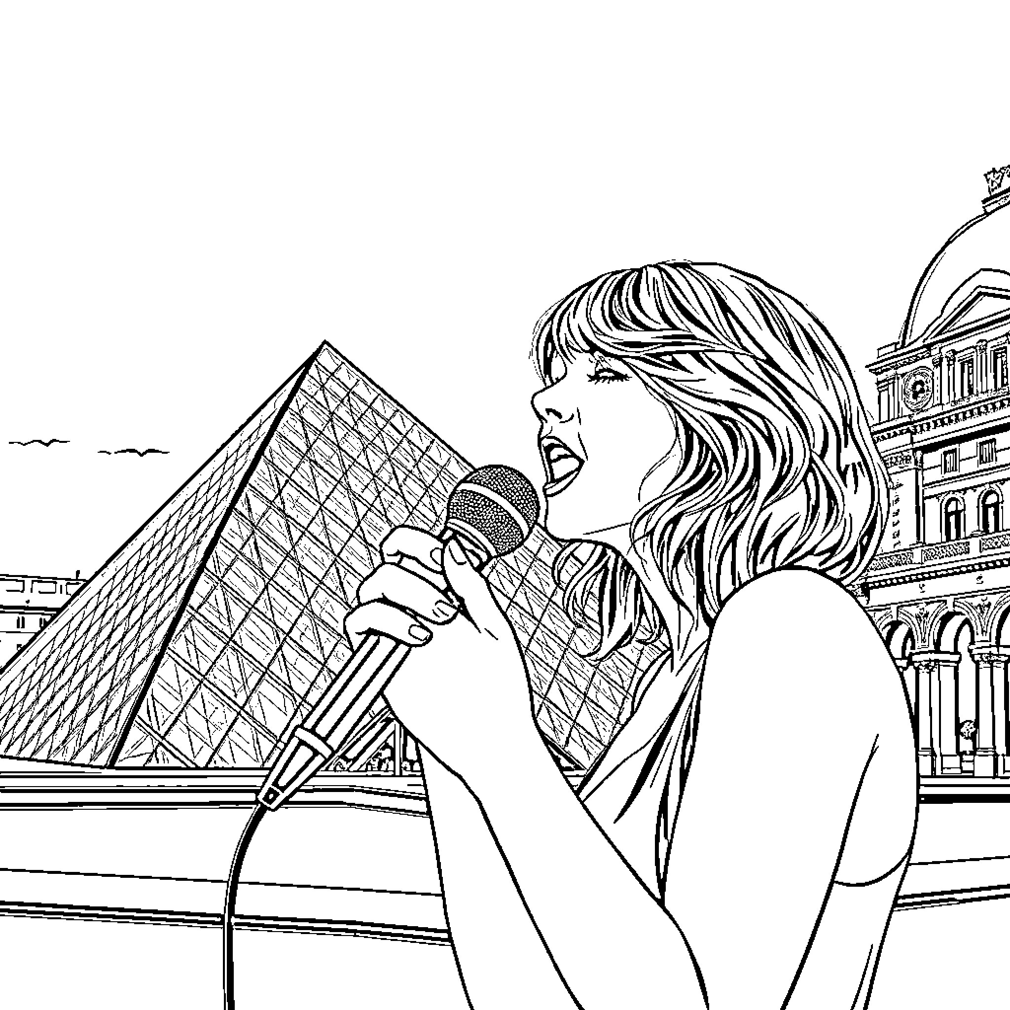 Taylor Swift performing on stage in Paris Coloring Page (free black-and-white line drawing printable PDF for all, from beginners to advanced learners, including children, teens, adults, and seniors)