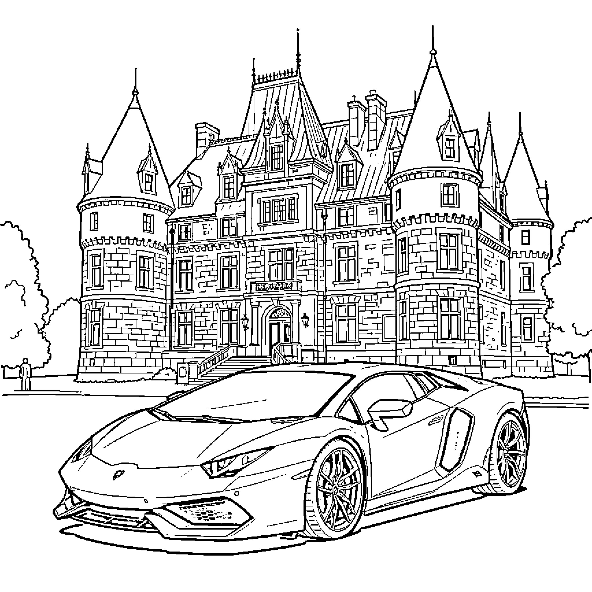 Lamborghini Supercar in Front of Majestic Castle Coloring Page (free black-and-white line drawing printable PDF for all, from beginners to advanced learners, including children, teens, adults, and seniors)
