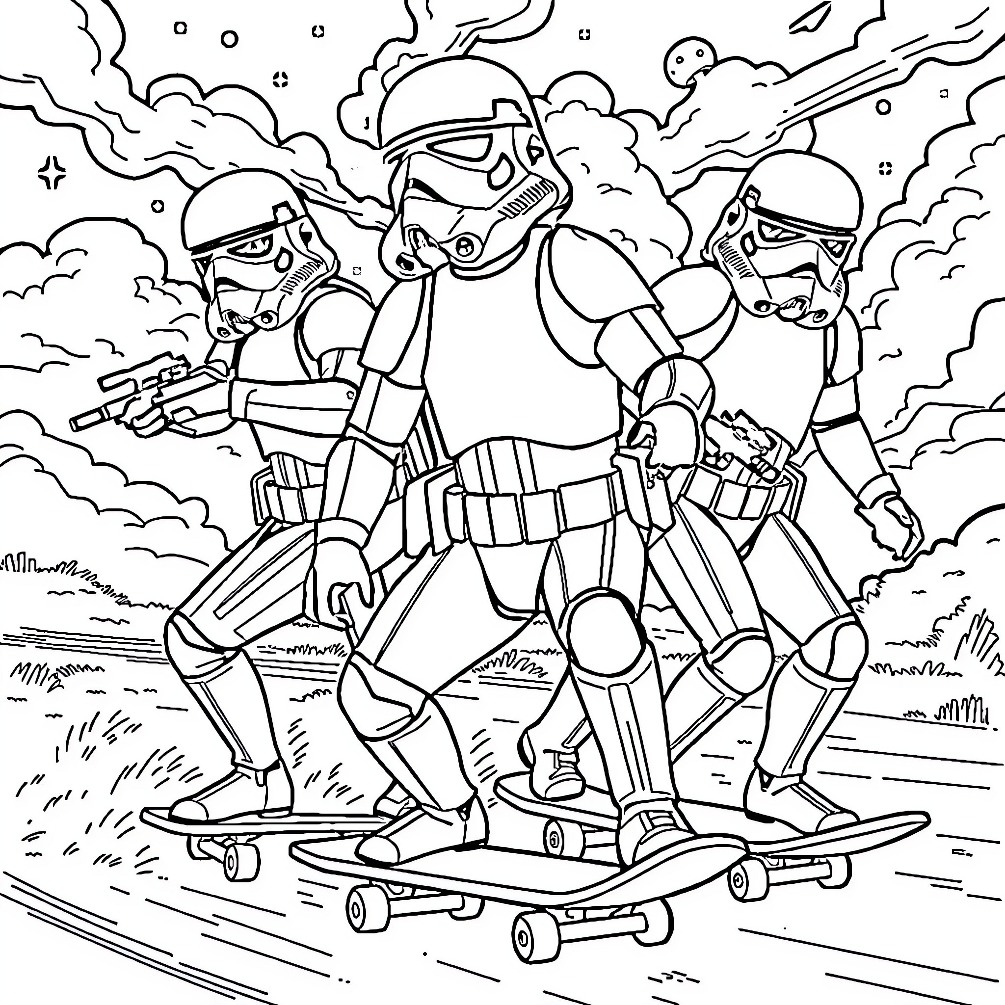 Stormtroopers engaged in daring maneuvers on skateboards Coloring Page (free black-and-white line drawing printable PDF for all, from beginners to advanced learners, including children, teens, adults, and seniors)