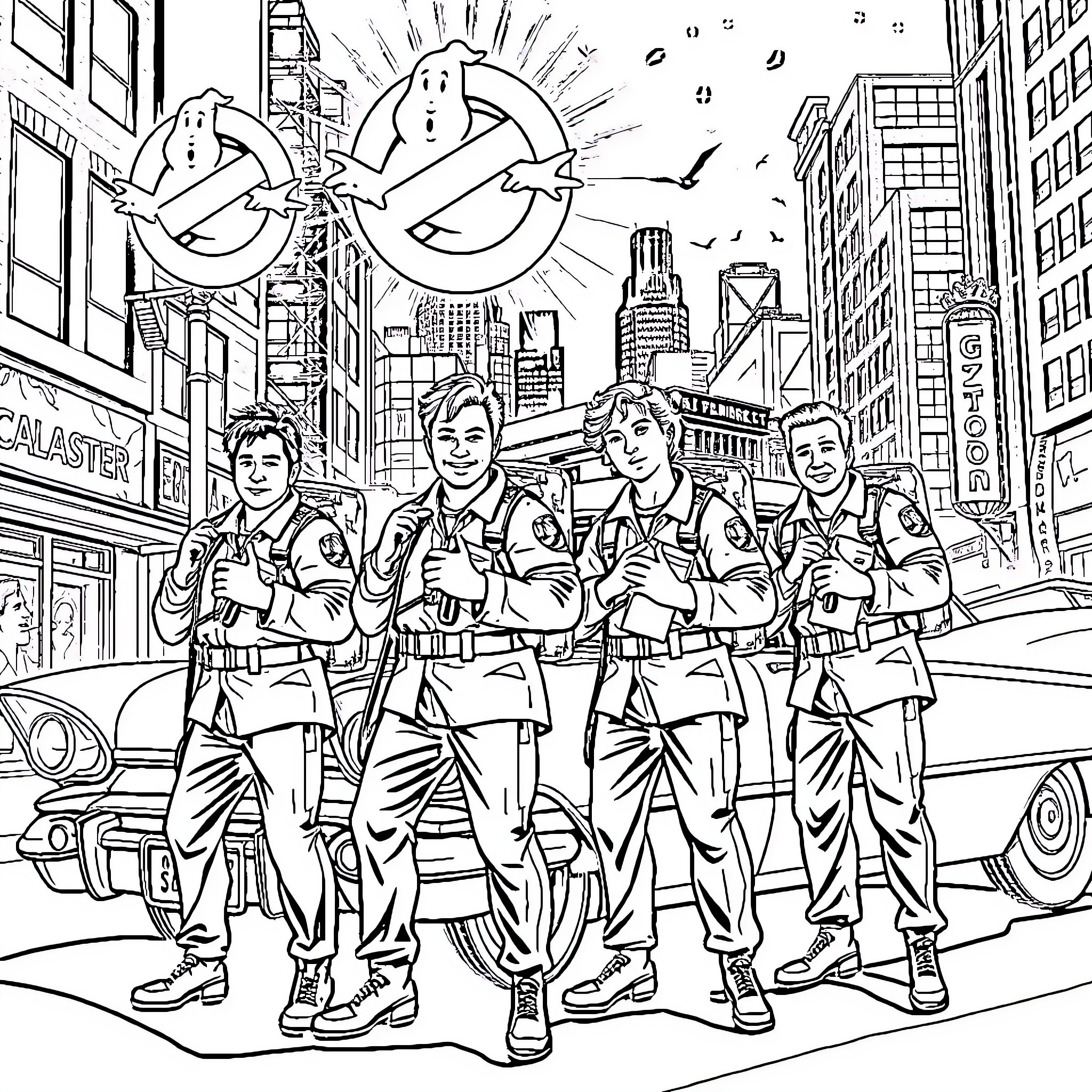 Ghostbusters saving the city from supernatural threats Coloring Page (free black-and-white line drawing printable PDF for all, from beginners to advanced learners, including children, teens, adults, and seniors)