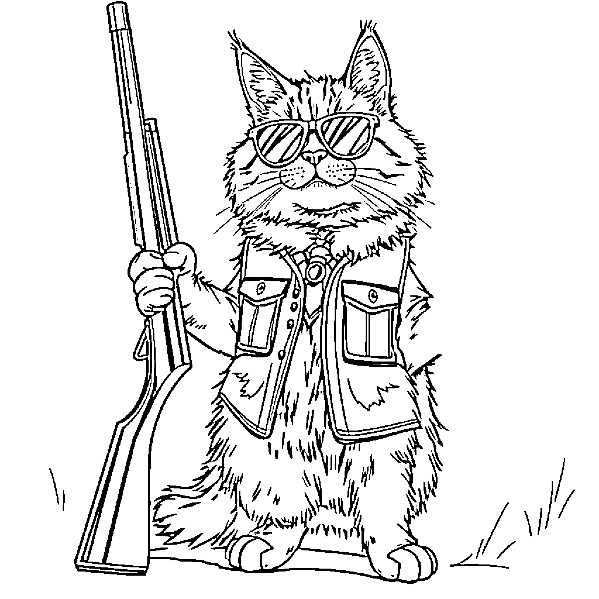 Maine Coon Cat Dressed as a Cowboy Coloring Page (free black-and-white line drawing printable PDF for all, from beginners to advanced learners, including children, teens, adults, and seniors)