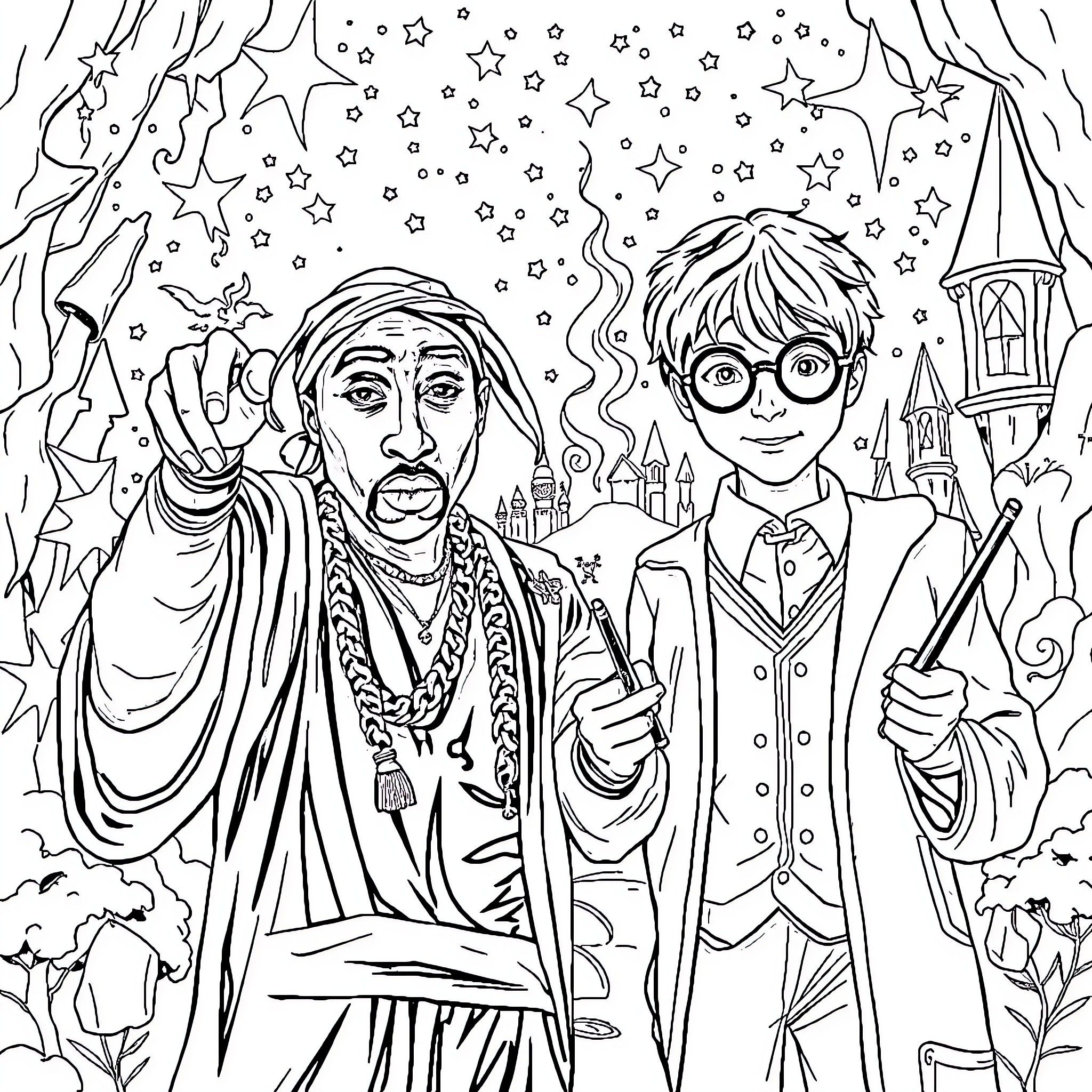 Tupac and Harry Potter in a Magical Wonderland Coloring Page (free black-and-white line drawing printable PDF for all, from beginners to advanced learners, including children, teens, adults, and seniors)