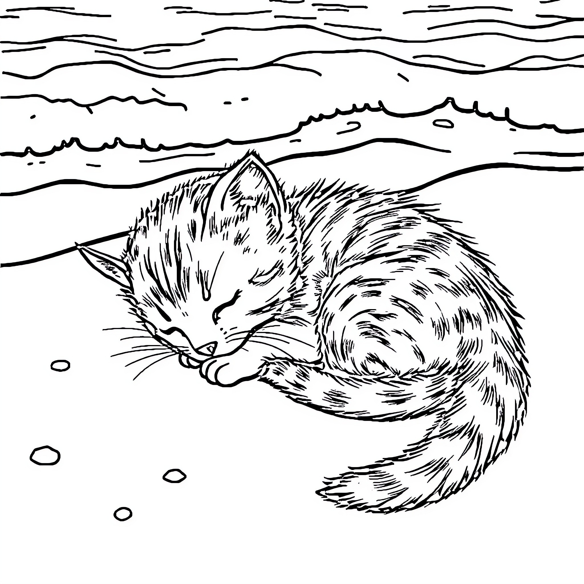 Kitten sleeping peacefully on the snowy ground Coloring Page (free black-and-white line drawing printable PDF for all, from beginners to advanced learners, including children, teens, adults, and seniors)