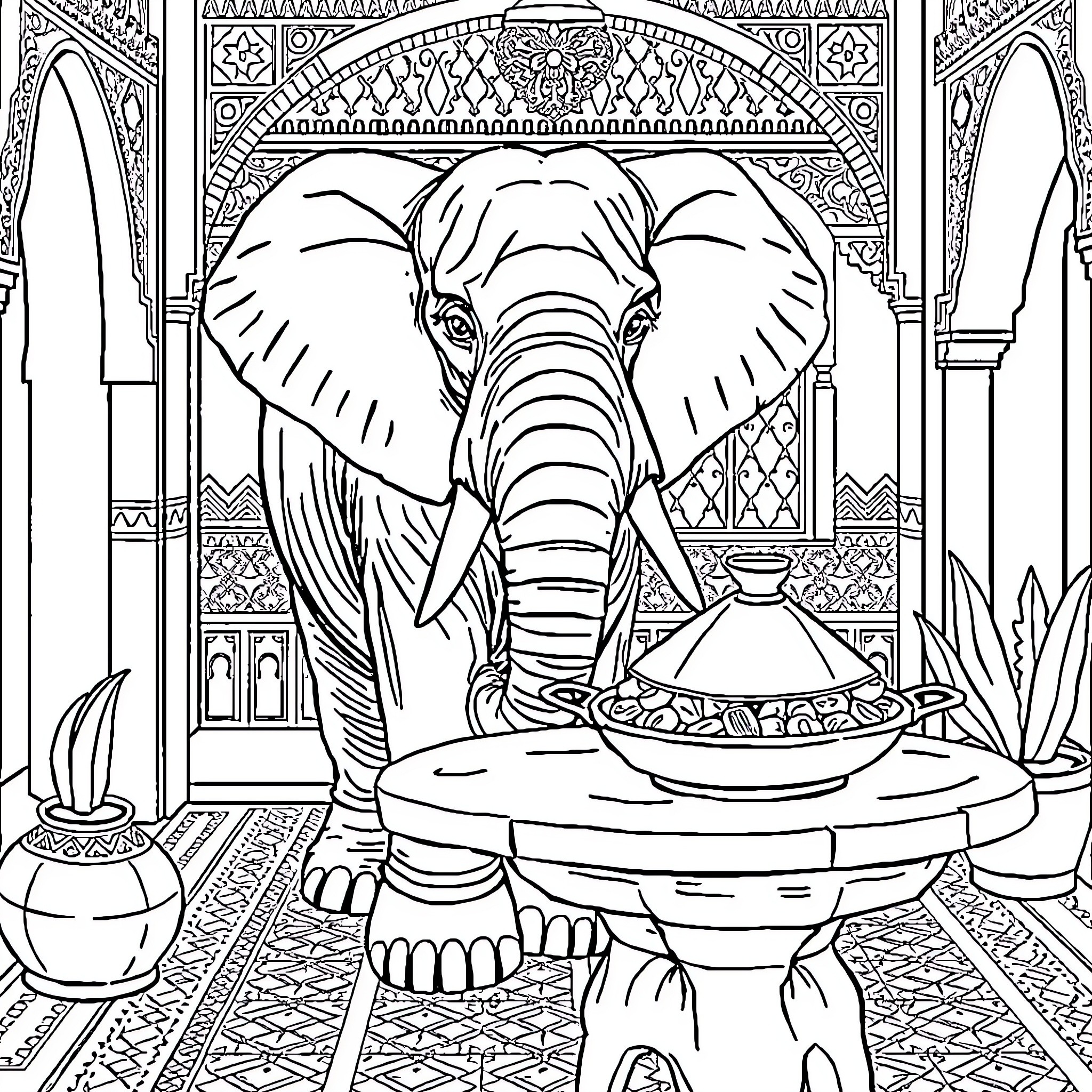 Elephant in Ornate Middle Eastern Setting Coloring Page (free black-and-white line drawing printable PDF for all, from beginners to advanced learners, including children, teens, adults, and seniors)