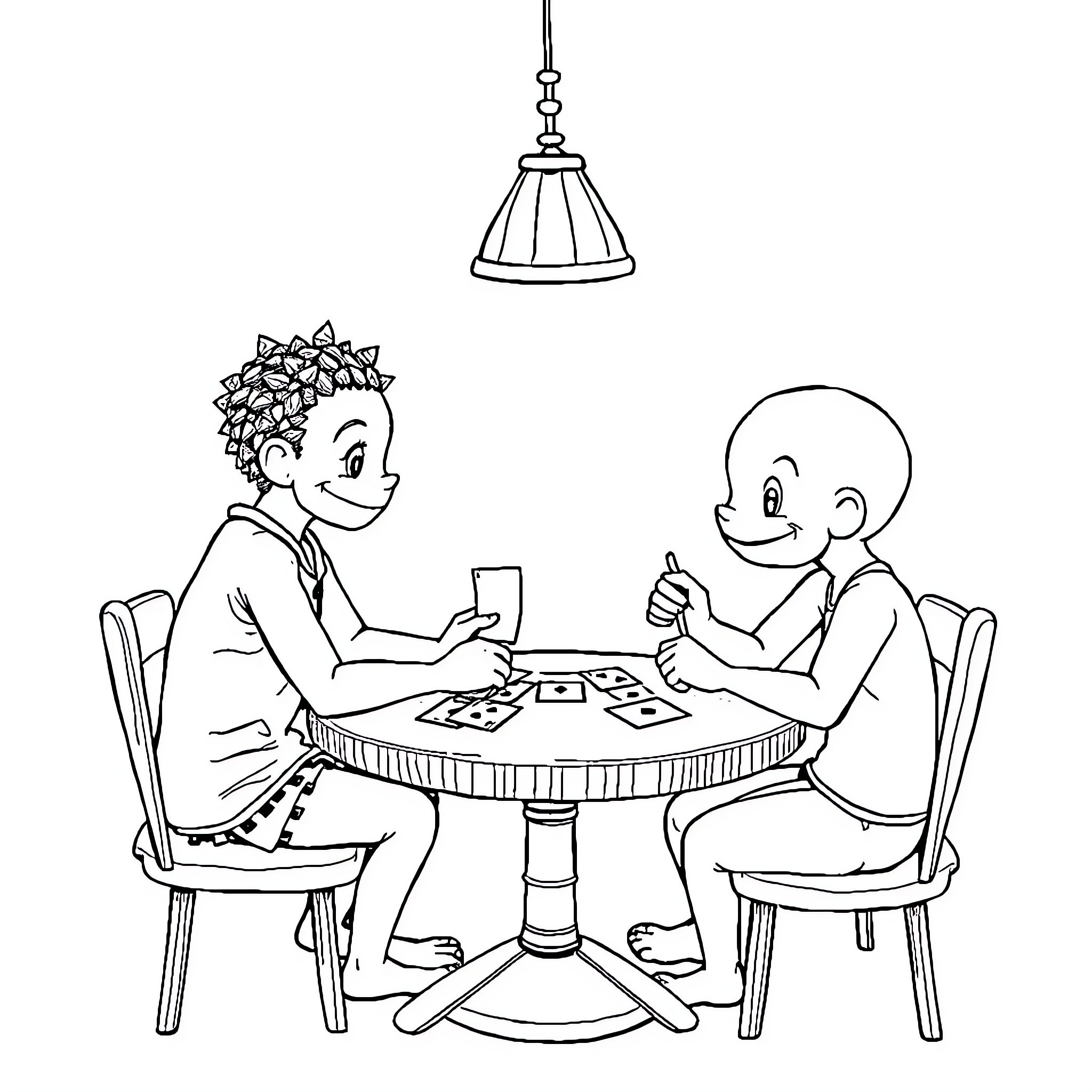 Labubu playing board game with friend at table Coloring Page (free black-and-white line drawing printable PDF for all, from beginners to advanced learners, including children, teens, adults, and seniors)