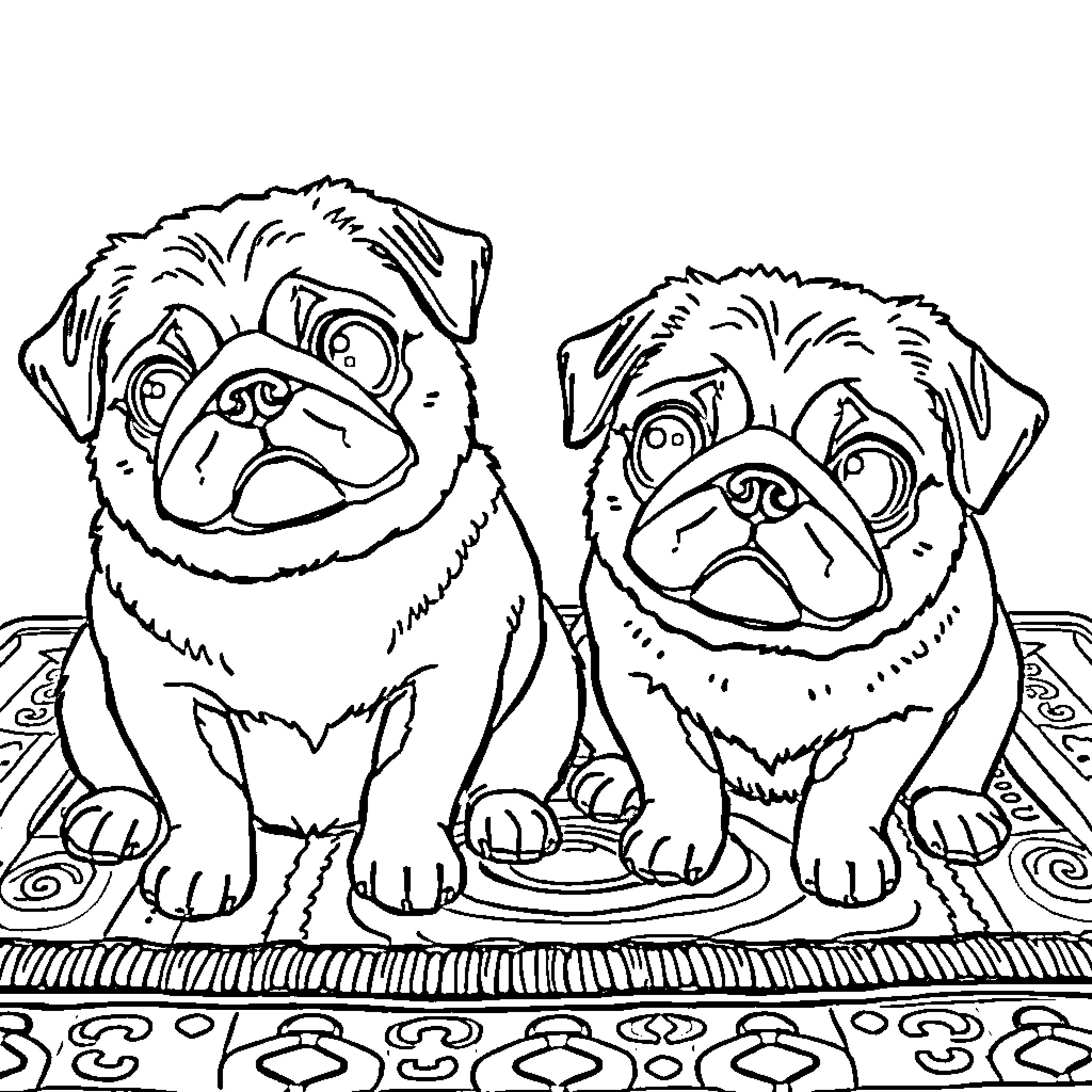 Pugs relaxing on ornate rug Coloring Page (free black-and-white line drawing printable PDF for all, from beginners to advanced learners, including children, teens, adults, and seniors)
