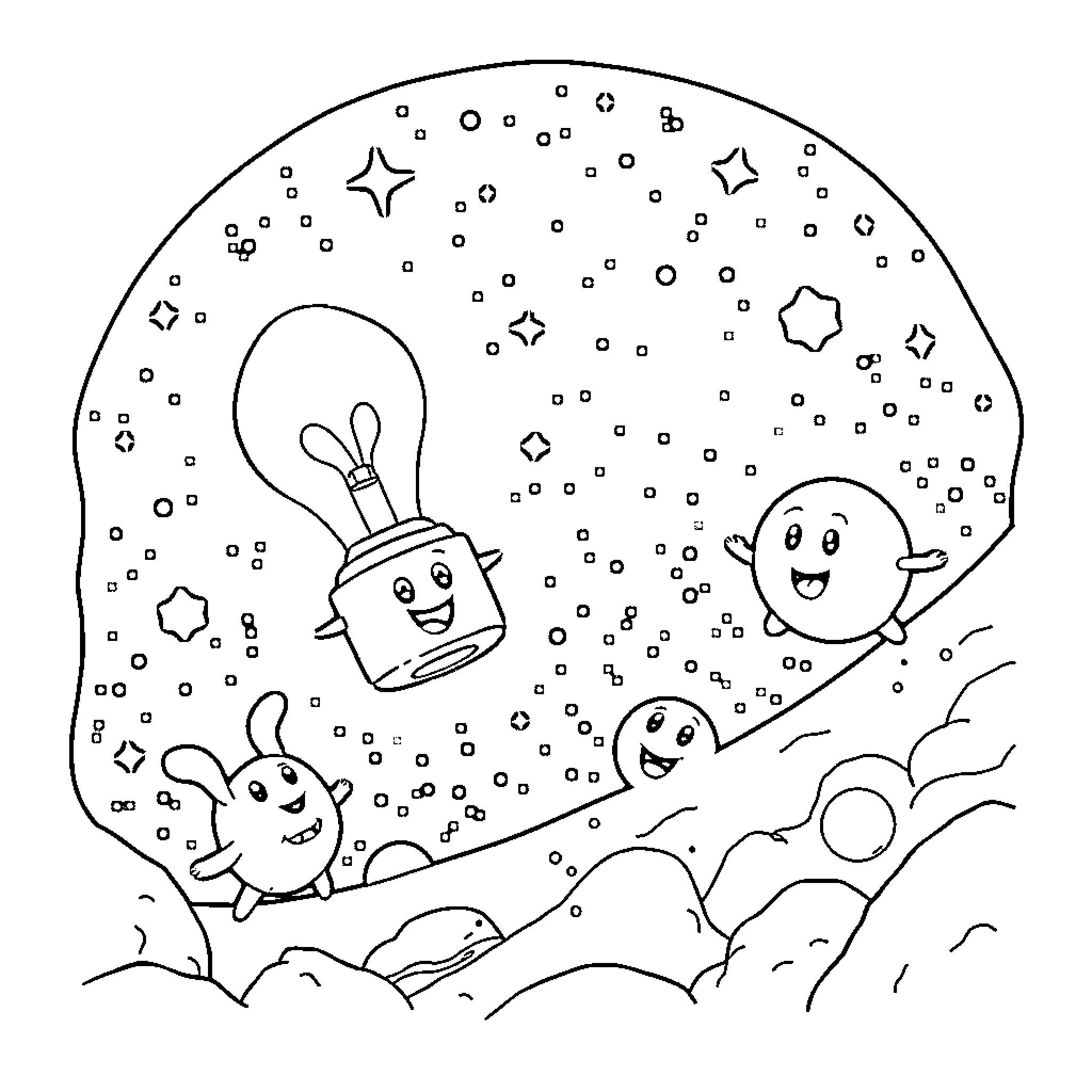 Lamp characters playing in a starry night sky Coloring Page (free black-and-white line drawing printable PDF for all, from beginners to advanced learners, including children, teens, adults, and seniors)