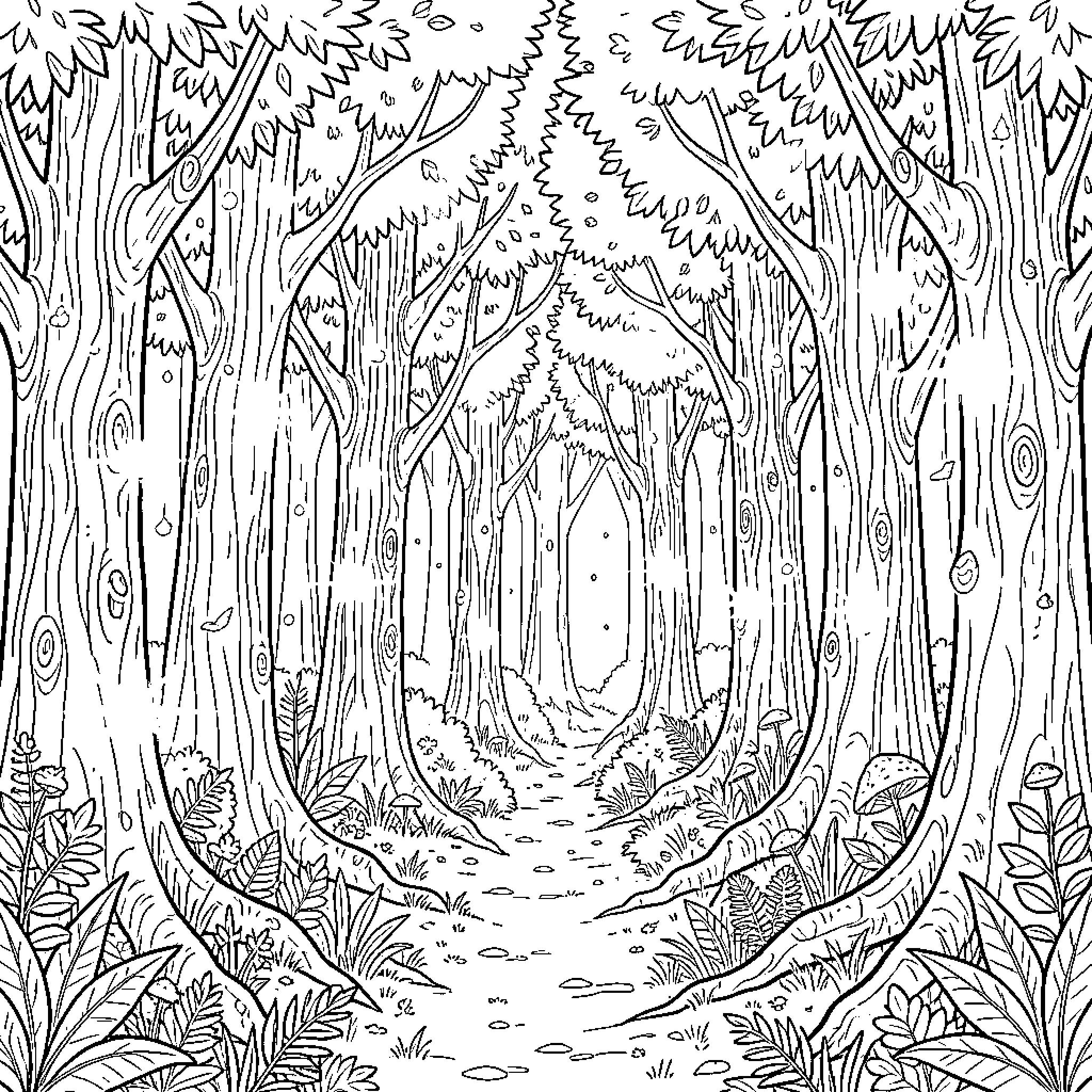 Enchanted Forest with Winding Path and Lush Vegetation Coloring Page (free black-and-white line drawing printable PDF for all, from beginners to advanced learners, including children, teens, adults, and seniors)