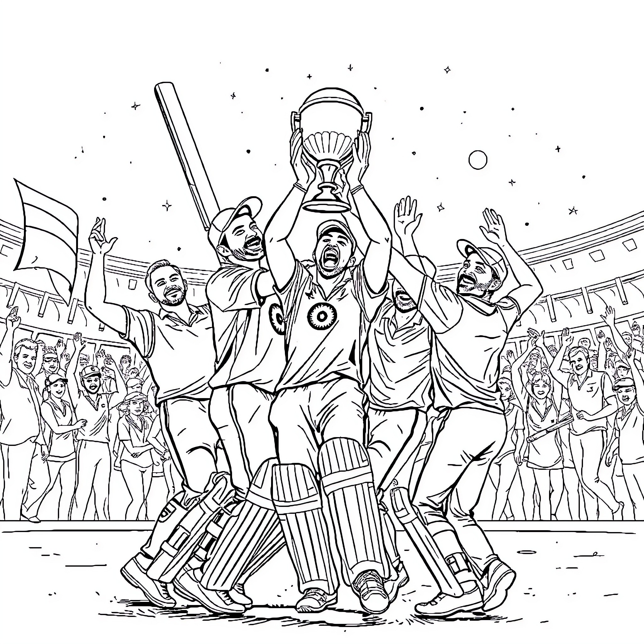 India Cricket Team Celebrates Victory in the Stadium Coloring Page (free black-and-white line drawing printable PDF for all, from beginners to advanced learners, including children, teens, adults, and seniors)