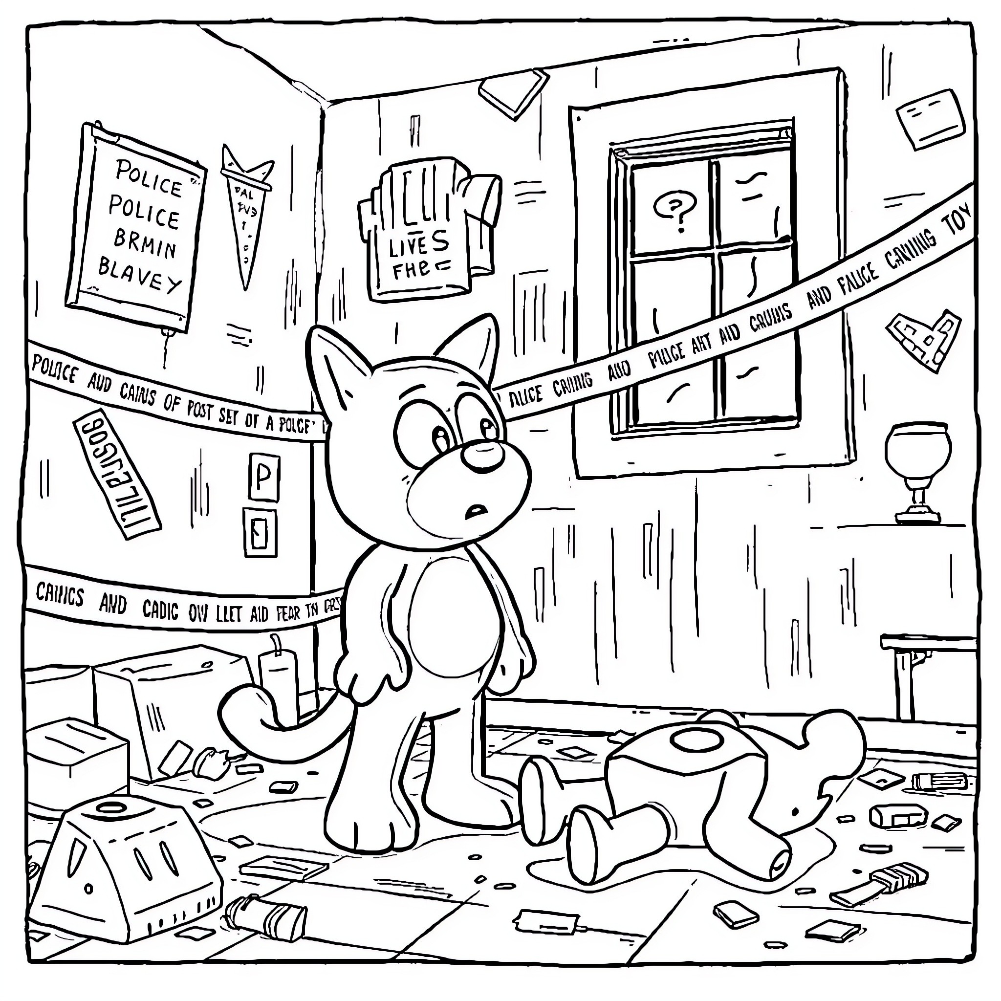Bluey's Chaotic Adventure in the Messy Room Coloring Page (free black-and-white line drawing printable PDF for all, from beginners to advanced learners, including children, teens, adults, and seniors)