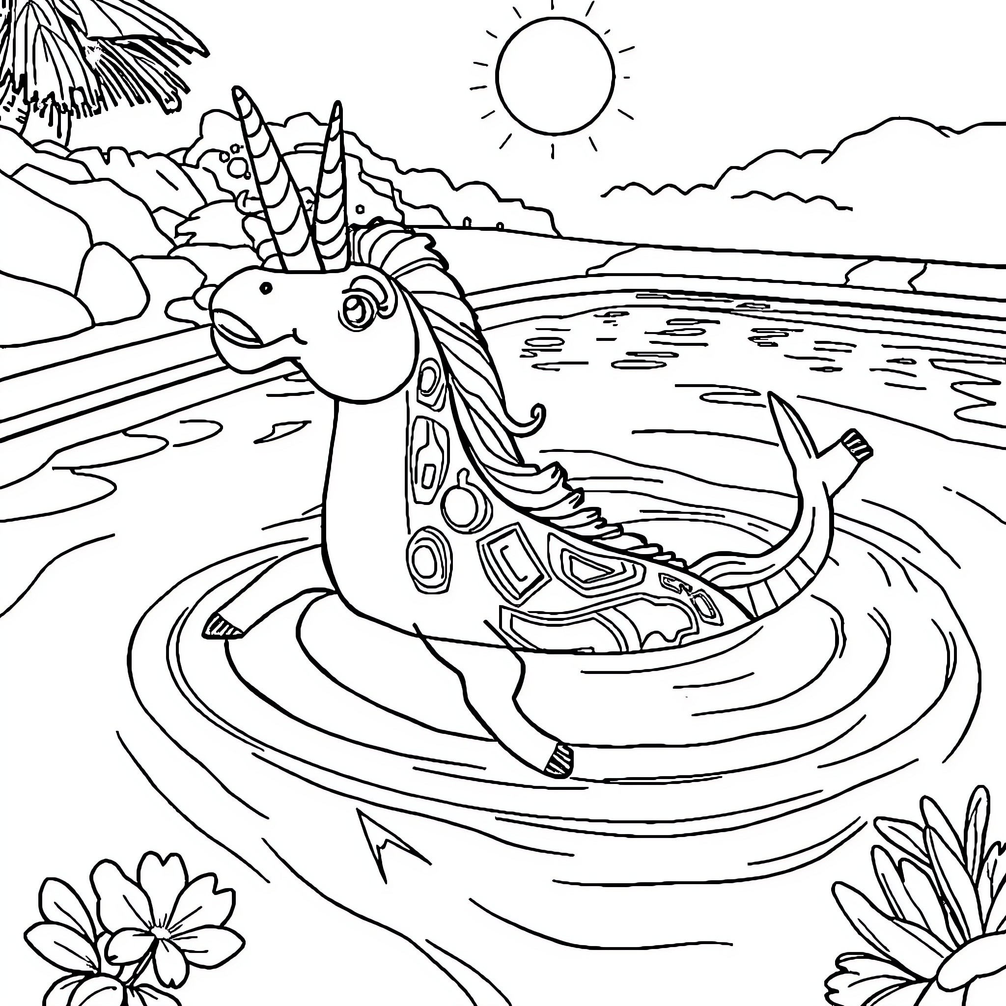 Unicorn swimming joyfully in tranquil waters Coloring Page (free black-and-white line drawing printable PDF for all, from beginners to advanced learners, including children, teens, adults, and seniors)