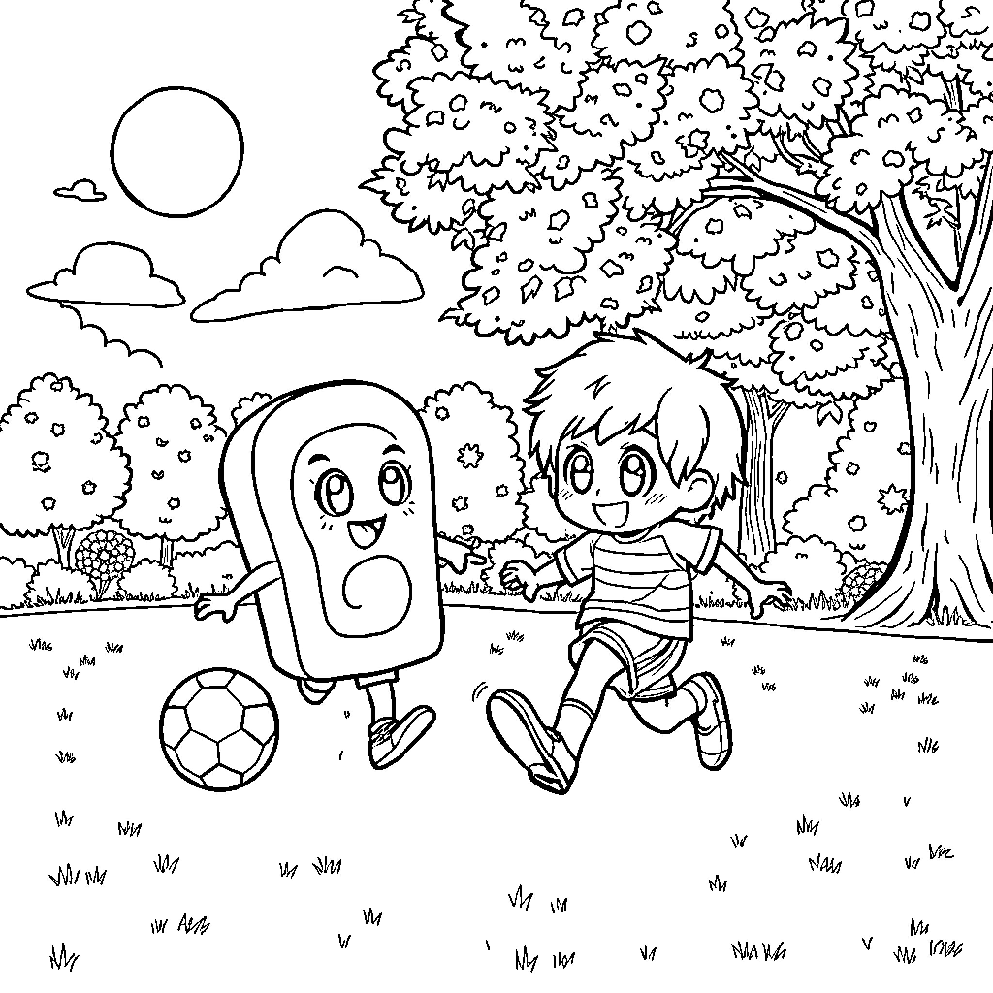 KORUMI Cartoon Characters Playing Soccer in the Park Coloring Page (free black-and-white line drawing printable PDF for all, from beginners to advanced learners, including children, teens, adults, and seniors)