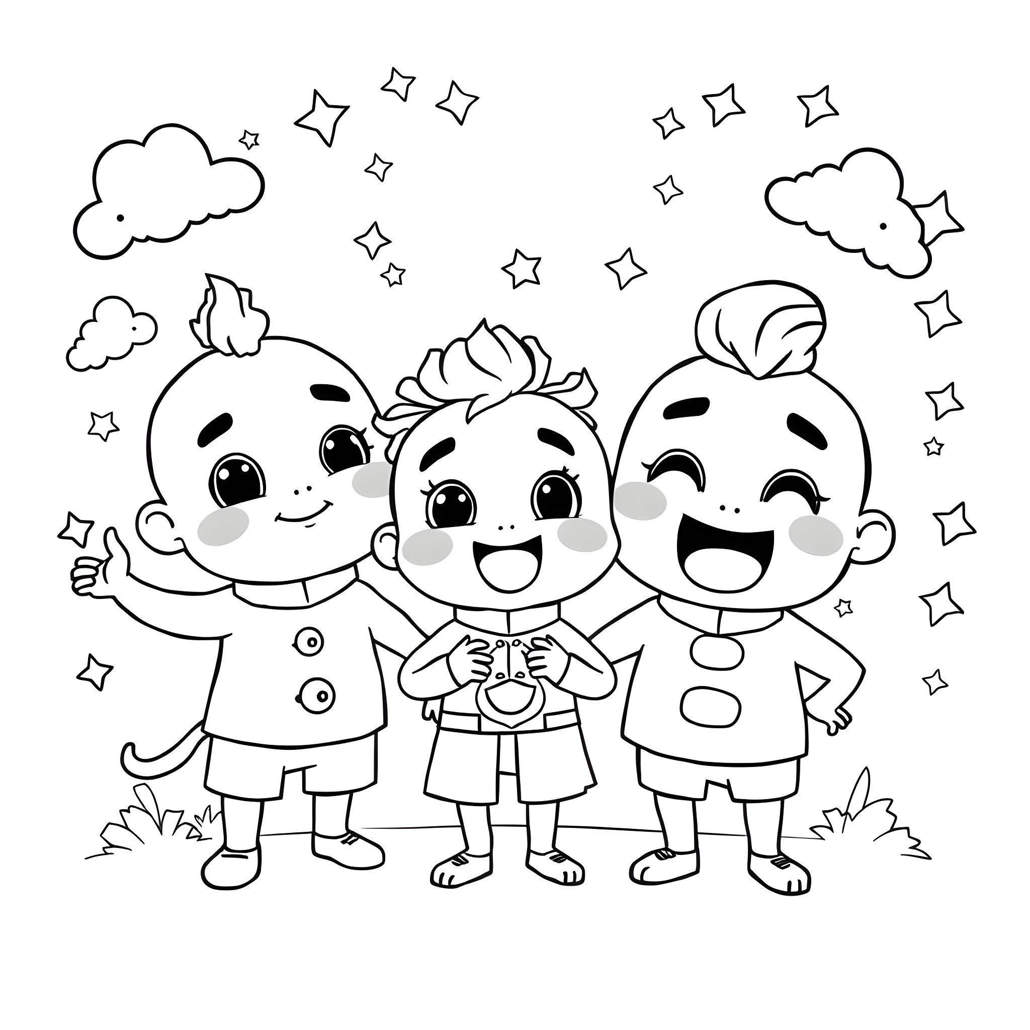 Character playing happily with friends under the stars Coloring Page (free black-and-white line drawing printable PDF for all, from beginners to advanced learners, including children, teens, adults, and seniors)