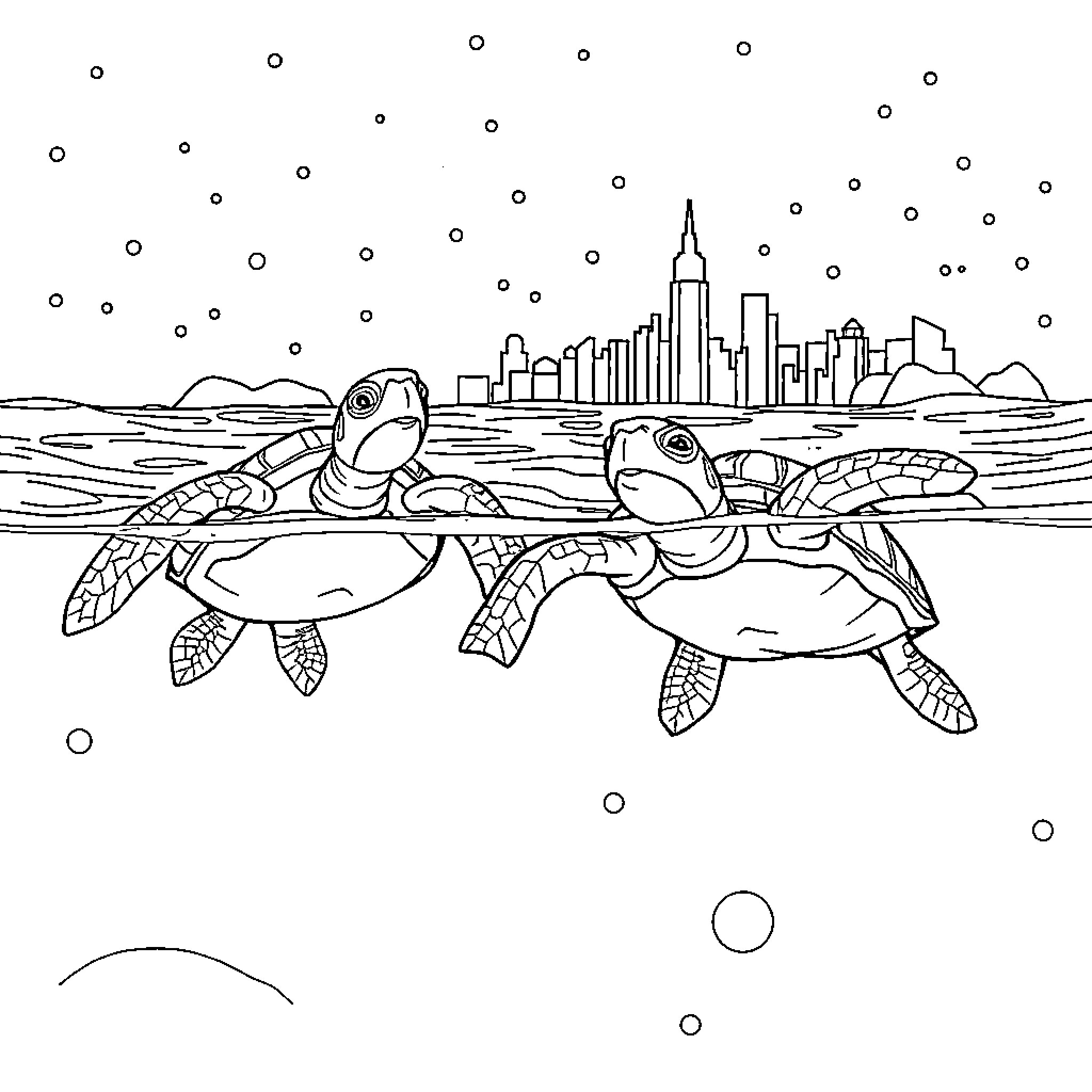Turtles exploring the urban skyline Coloring Page (free black-and-white line drawing printable PDF for all, from beginners to advanced learners, including children, teens, adults, and seniors)