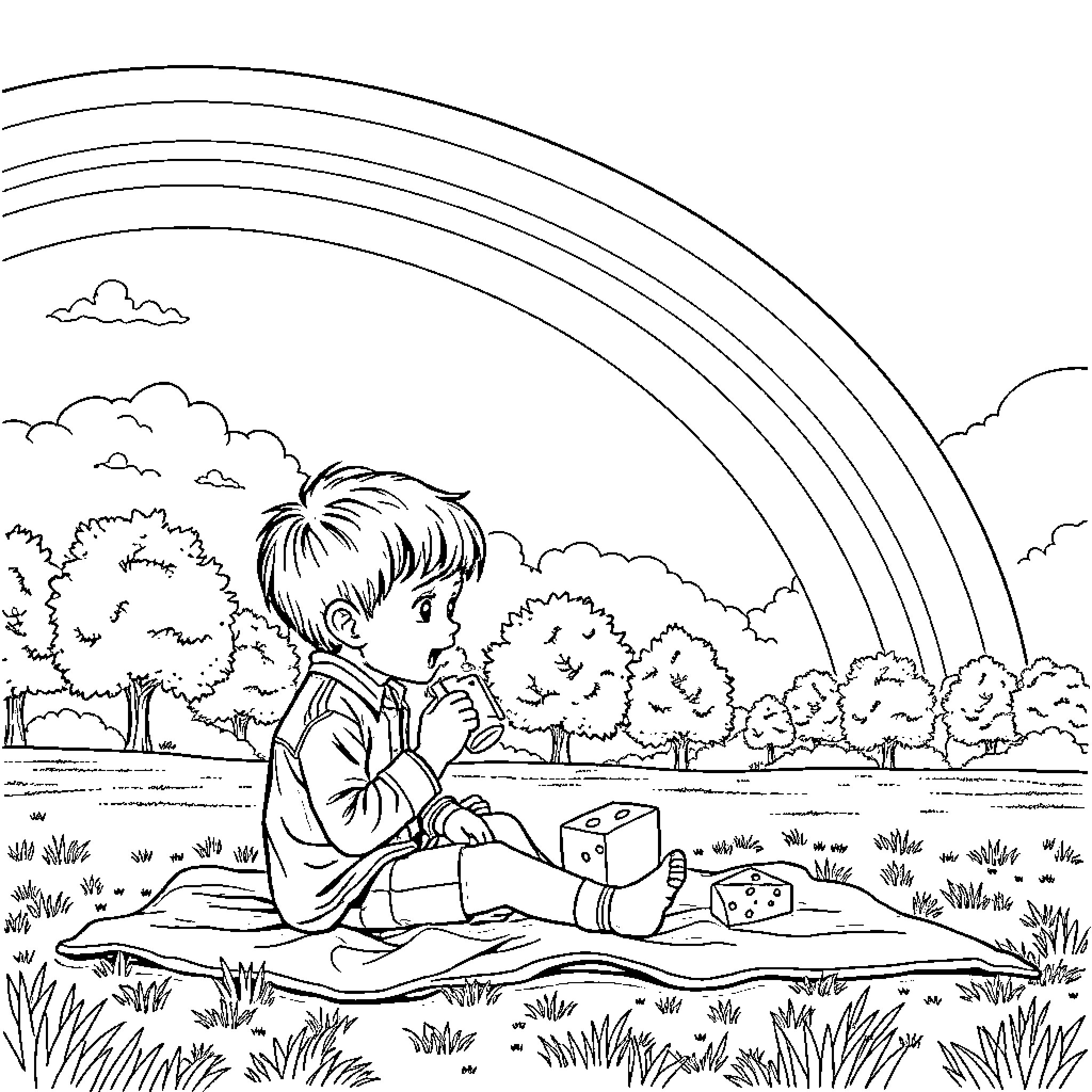 Cheese Painting in the Park Coloring Page (free black-and-white line drawing printable PDF for all, from beginners to advanced learners, including children, teens, adults, and seniors)