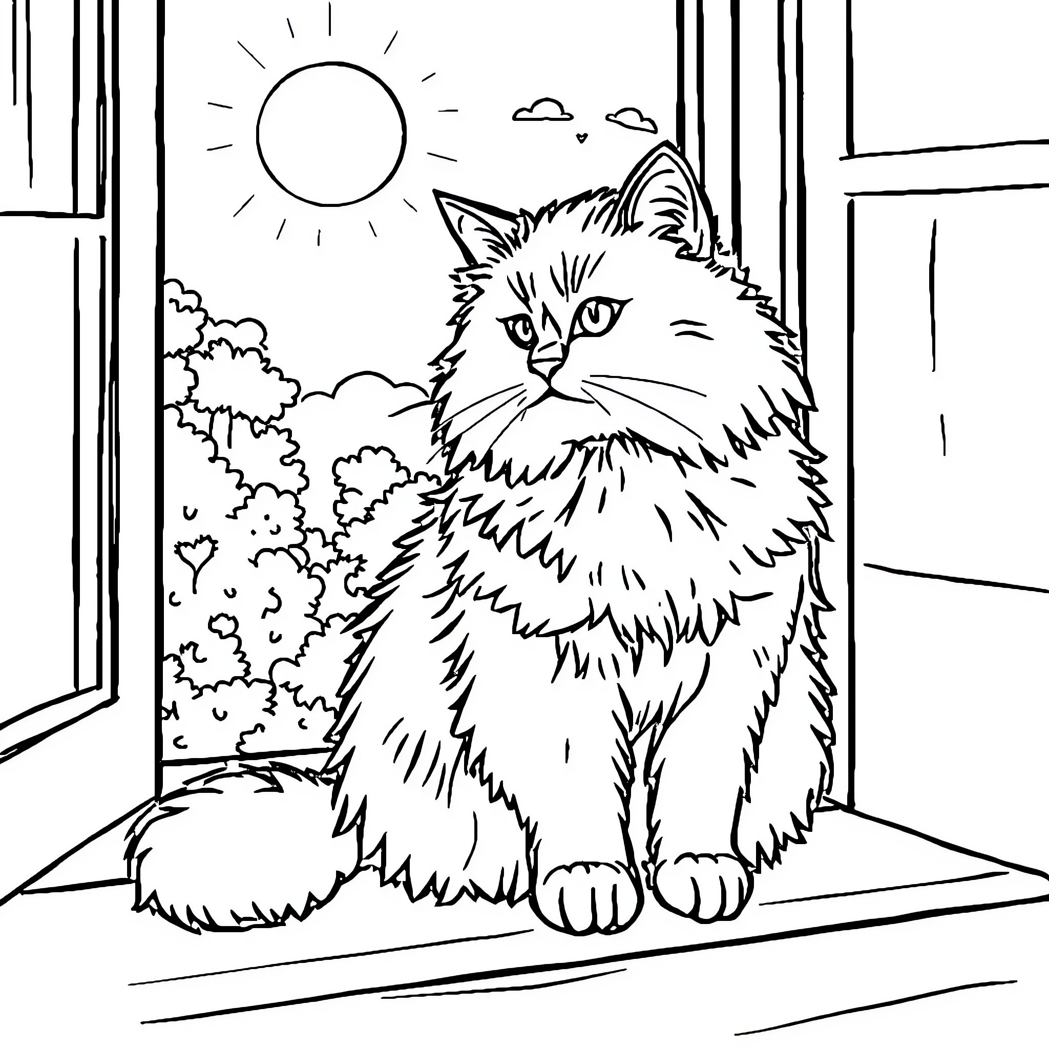 Cat sitting by the window on a sunny day Coloring Page (free black-and-white line drawing printable PDF for all, from beginners to advanced learners, including children, teens, adults, and seniors)