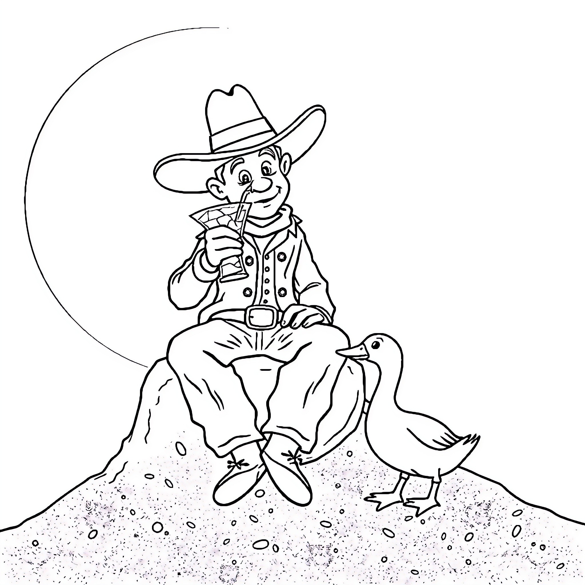 Cowboy whistling to his duck companion Coloring Page (free black-and-white line drawing printable PDF for all, from beginners to advanced learners, including children, teens, adults, and seniors)