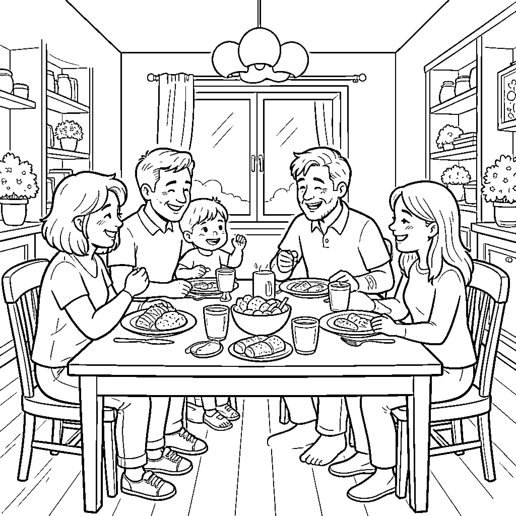 Family members enjoying a happy meal together Coloring Page (free black-and-white line drawing printable PDF for all, from beginners to advanced learners, including children, teens, adults, and seniors)