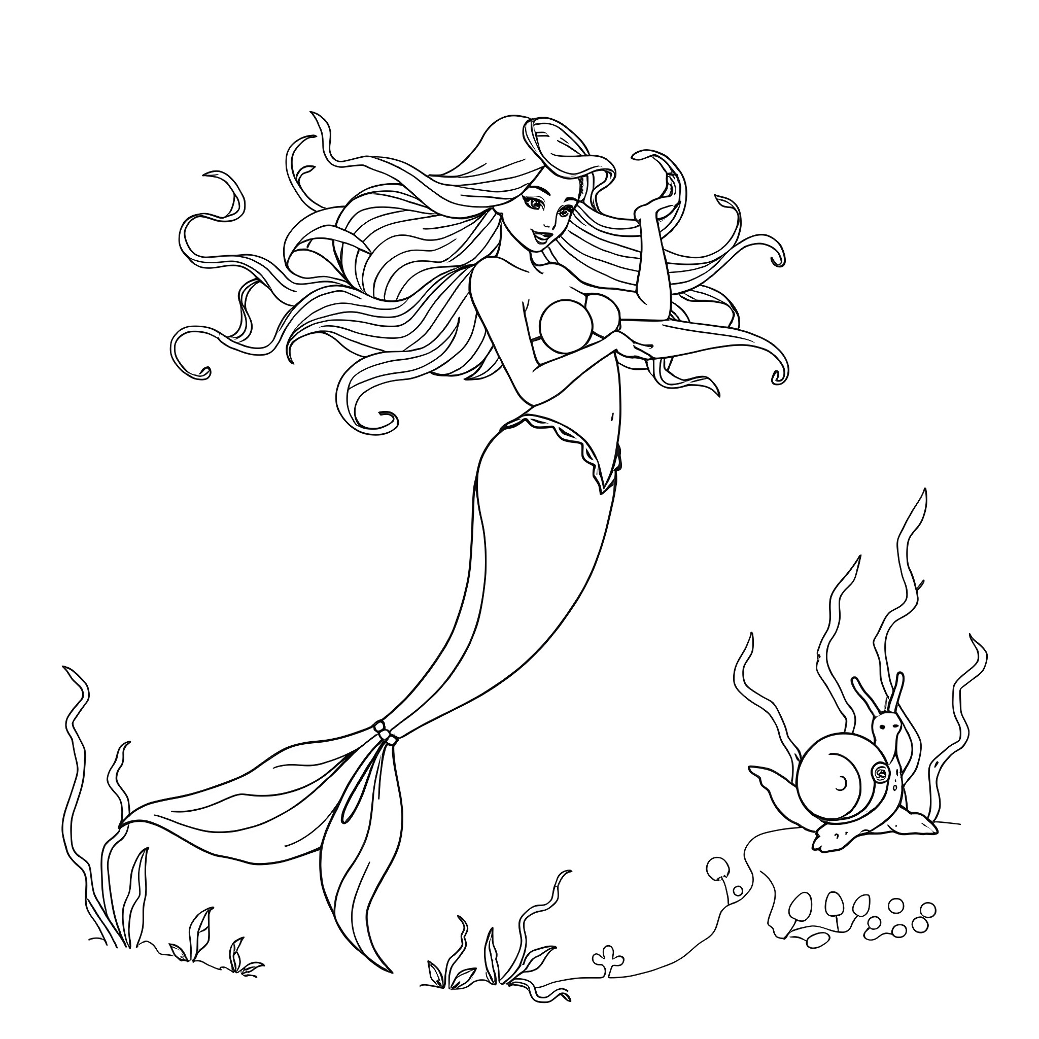 Mermaid swimming gracefully among the sea creatures Coloring Page (free black-and-white line drawing printable PDF for all, from beginners to advanced learners, including children, teens, adults, and seniors)