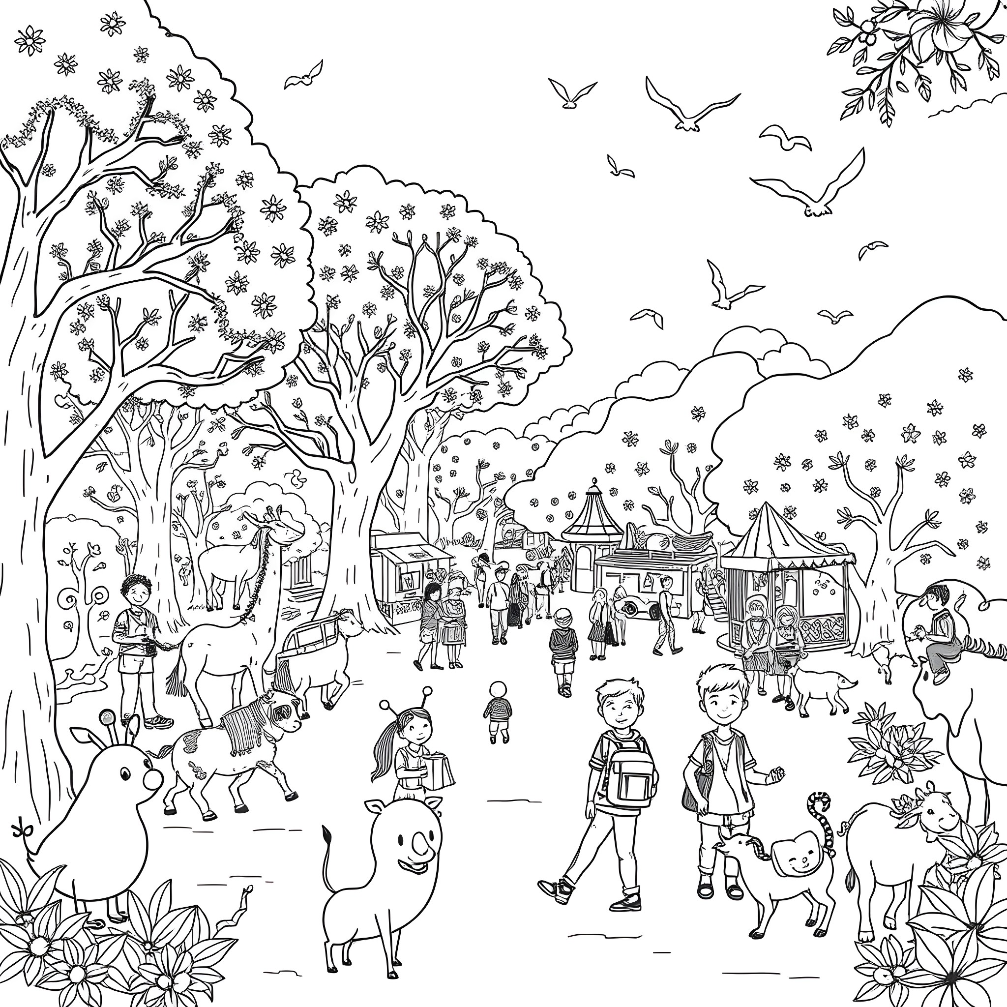 Zoo with Playful Animals and Visitors Enjoying Outdoor Activities Coloring Page (free black-and-white line drawing printable PDF for all, from beginners to advanced learners, including children, teens, adults, and seniors)