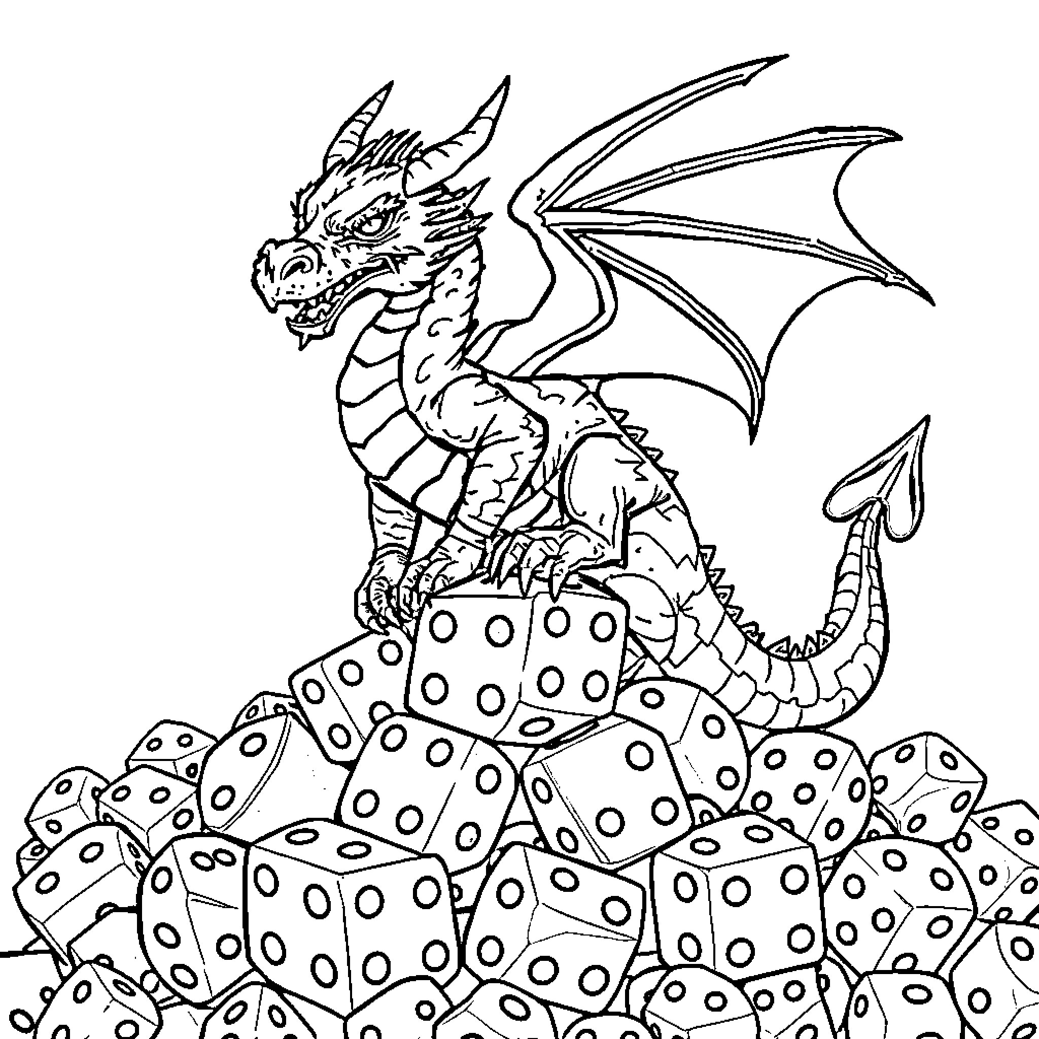 Dragon perched on a pile of dice Coloring Page (free black-and-white line drawing printable PDF for all, from beginners to advanced learners, including children, teens, adults, and seniors)