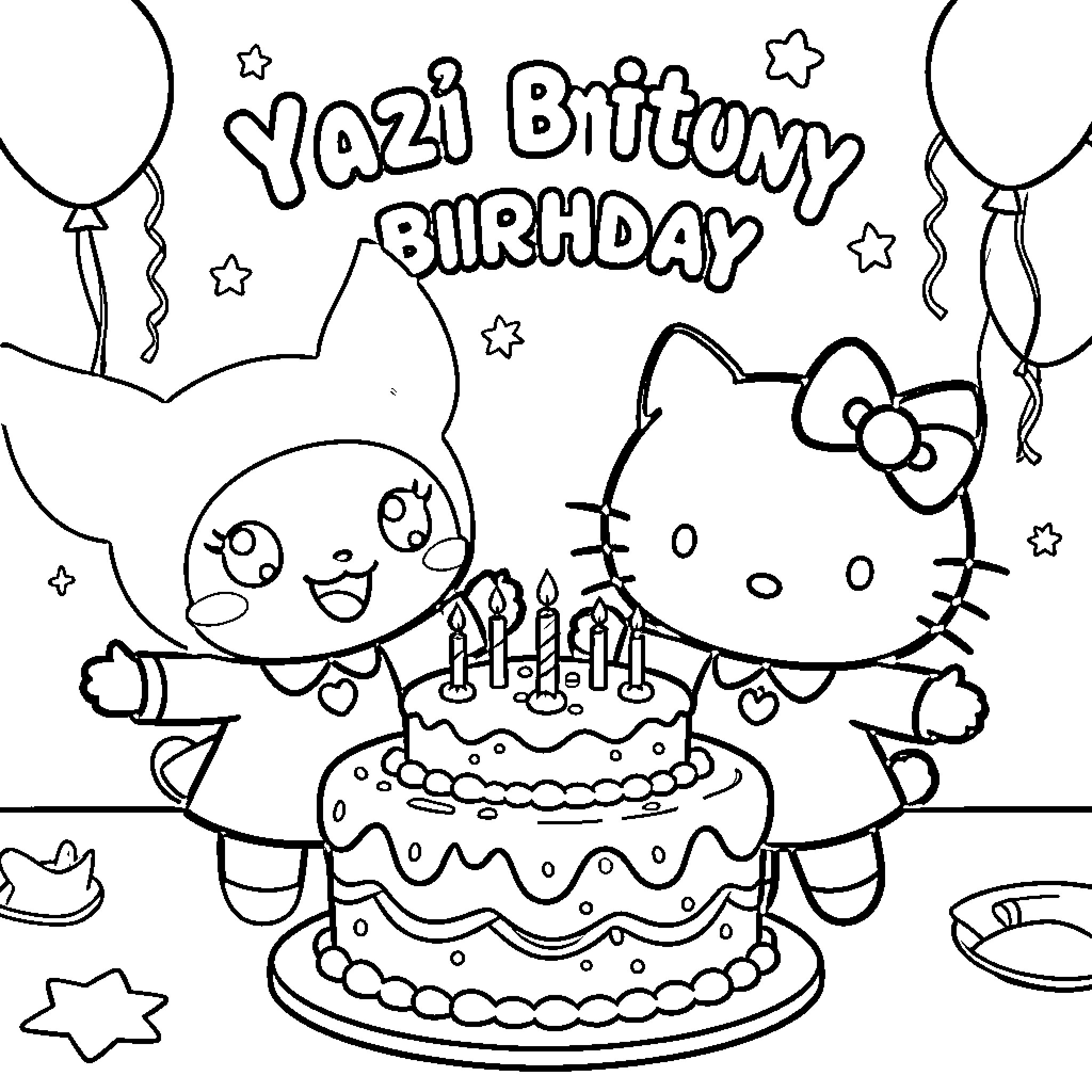 Kuromi's Birthday Celebration with Hello Kitty Coloring Page (free black-and-white line drawing printable PDF for all, from beginners to advanced learners, including children, teens, adults, and seniors)