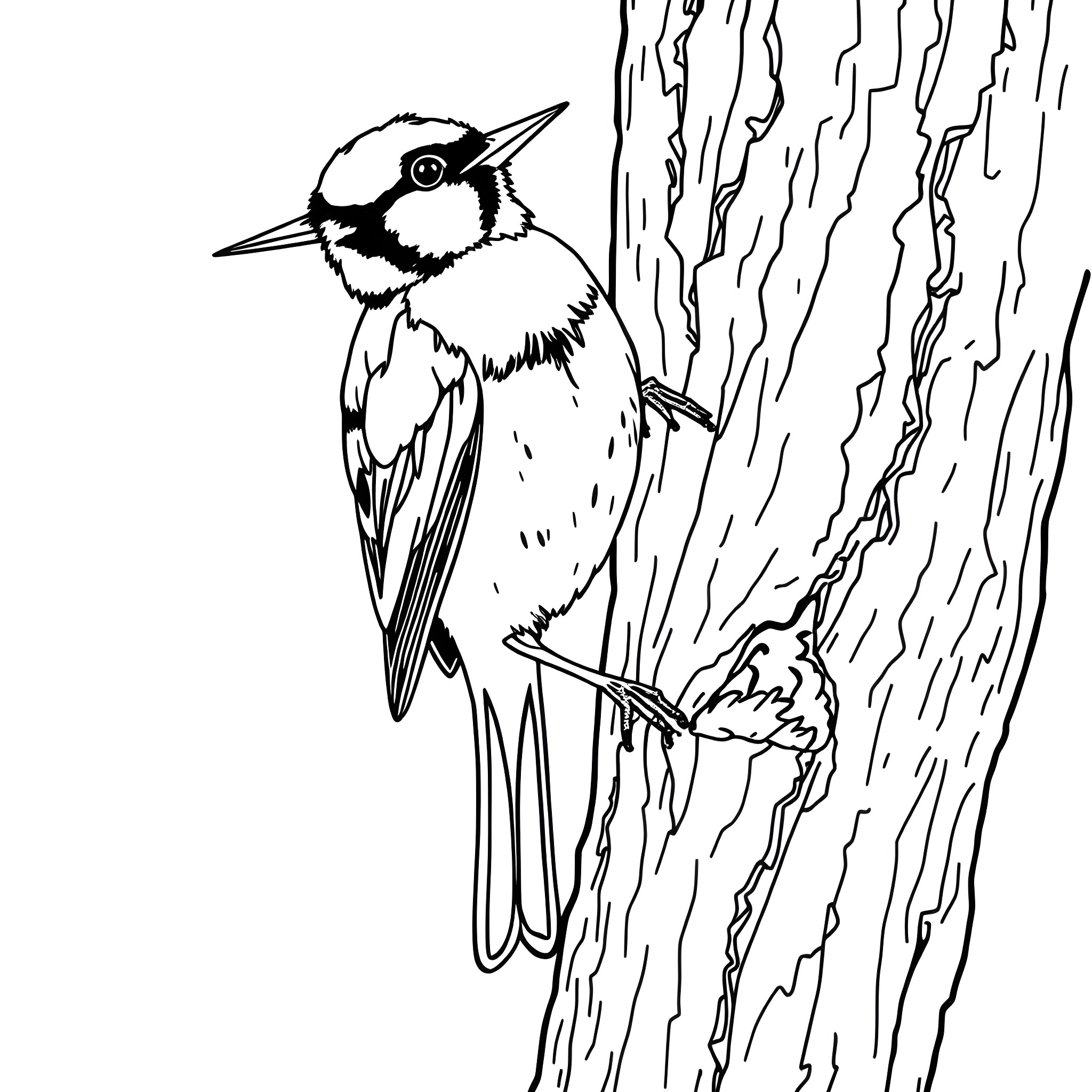 Oriole perched on tree bark Coloring Page (free black-and-white line drawing printable PDF for all, from beginners to advanced learners, including children, teens, adults, and seniors)