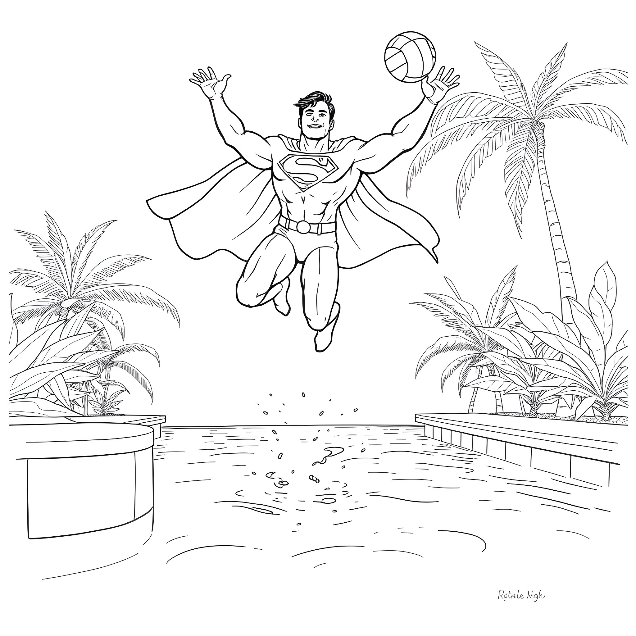 Superman flying and playing volleyball in a tropical paradise Coloring Page (free black-and-white line drawing printable PDF for all, from beginners to advanced learners, including children, teens, adults, and seniors)