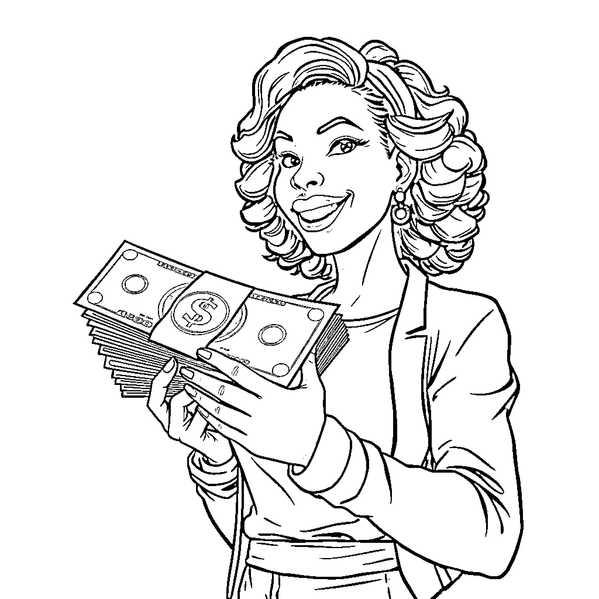 Woman happily counting cash in her hands Coloring Page (free black-and-white line drawing printable PDF for all, from beginners to advanced learners, including children, teens, adults, and seniors)