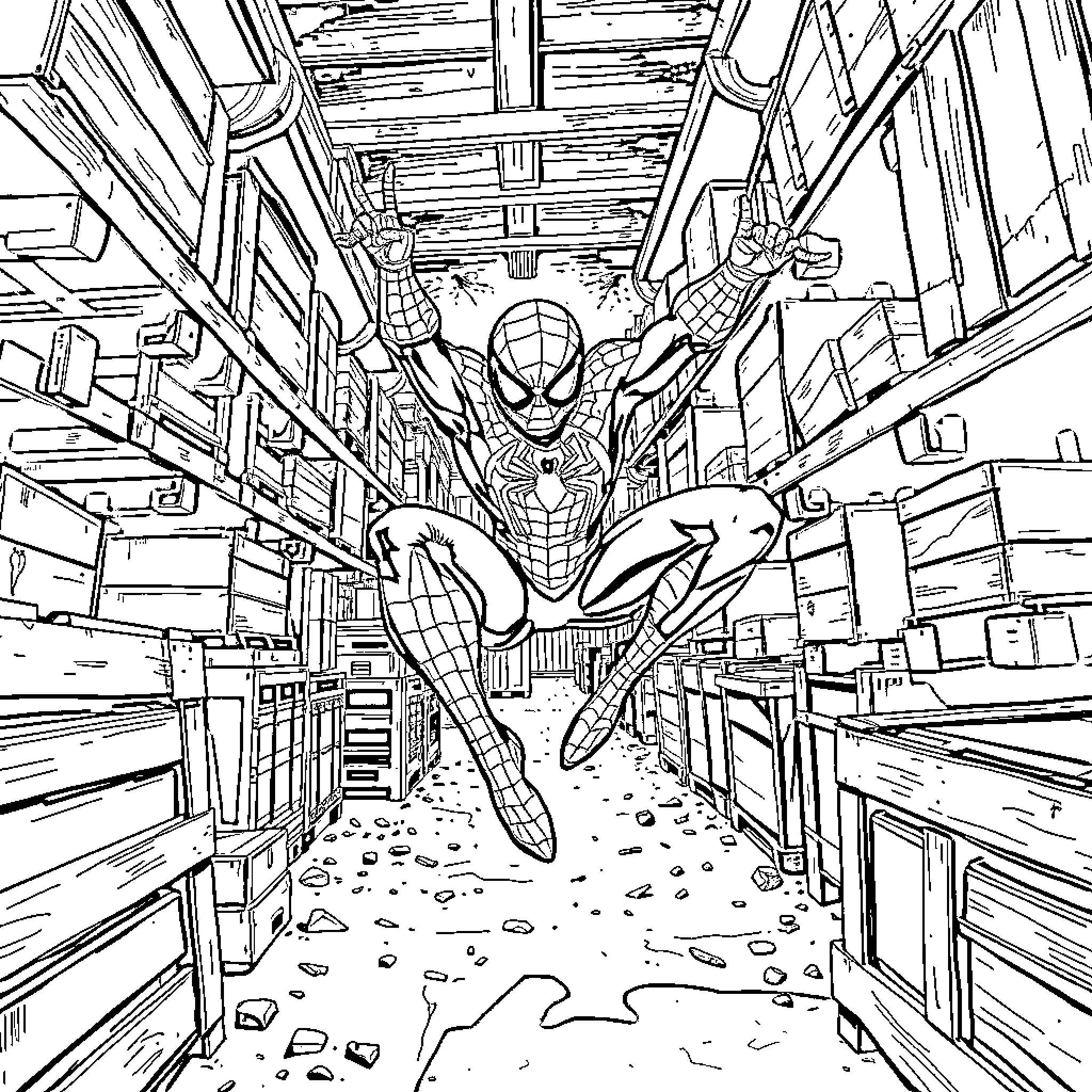 Spiderman swinging through a chaotic city scene Coloring Page (free black-and-white line drawing printable PDF for all, from beginners to advanced learners, including children, teens, adults, and seniors)