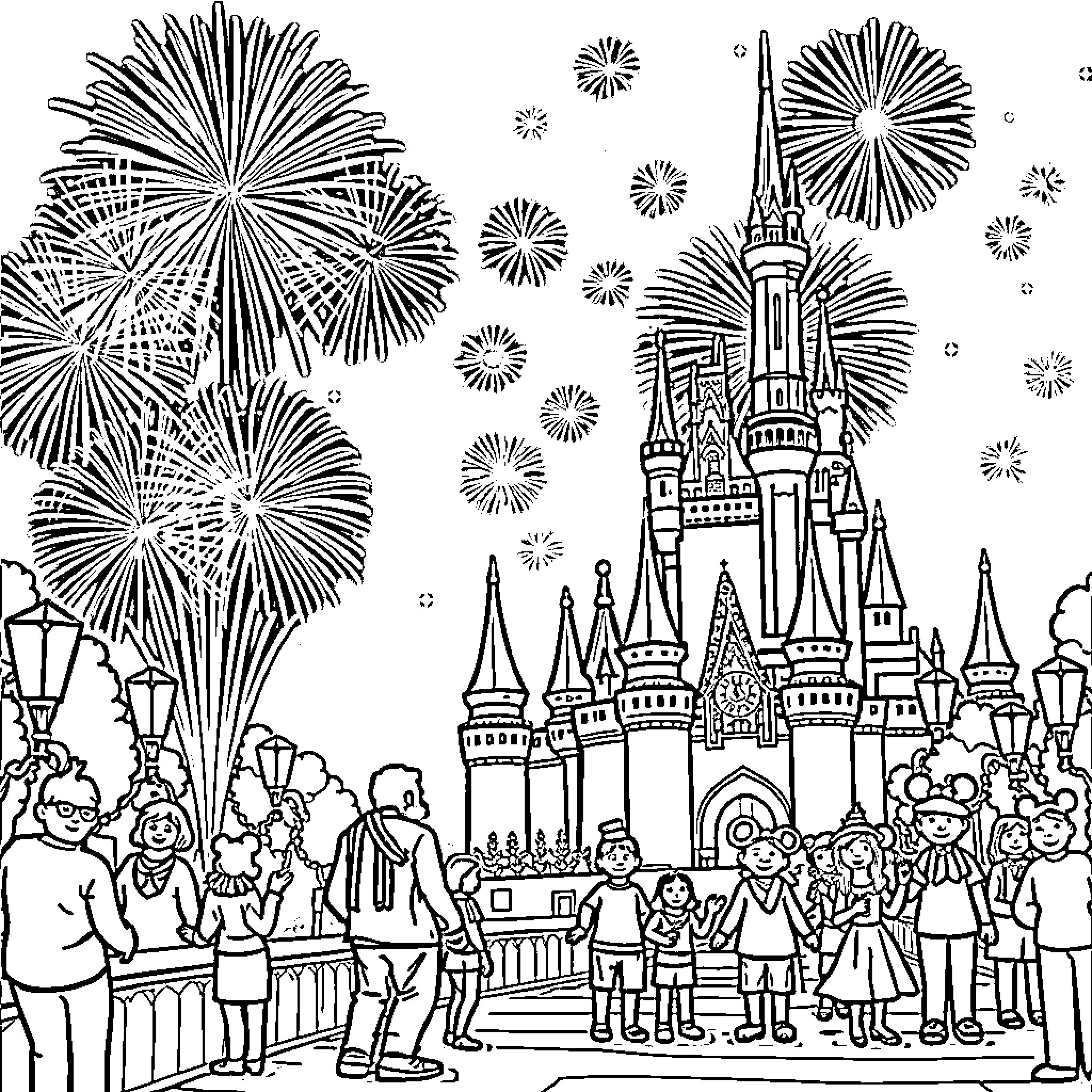 Disney Characters Celebrating Fireworks at the Castle Coloring Page (free black-and-white line drawing printable PDF for all, from beginners to advanced learners, including children, teens, adults, and seniors)