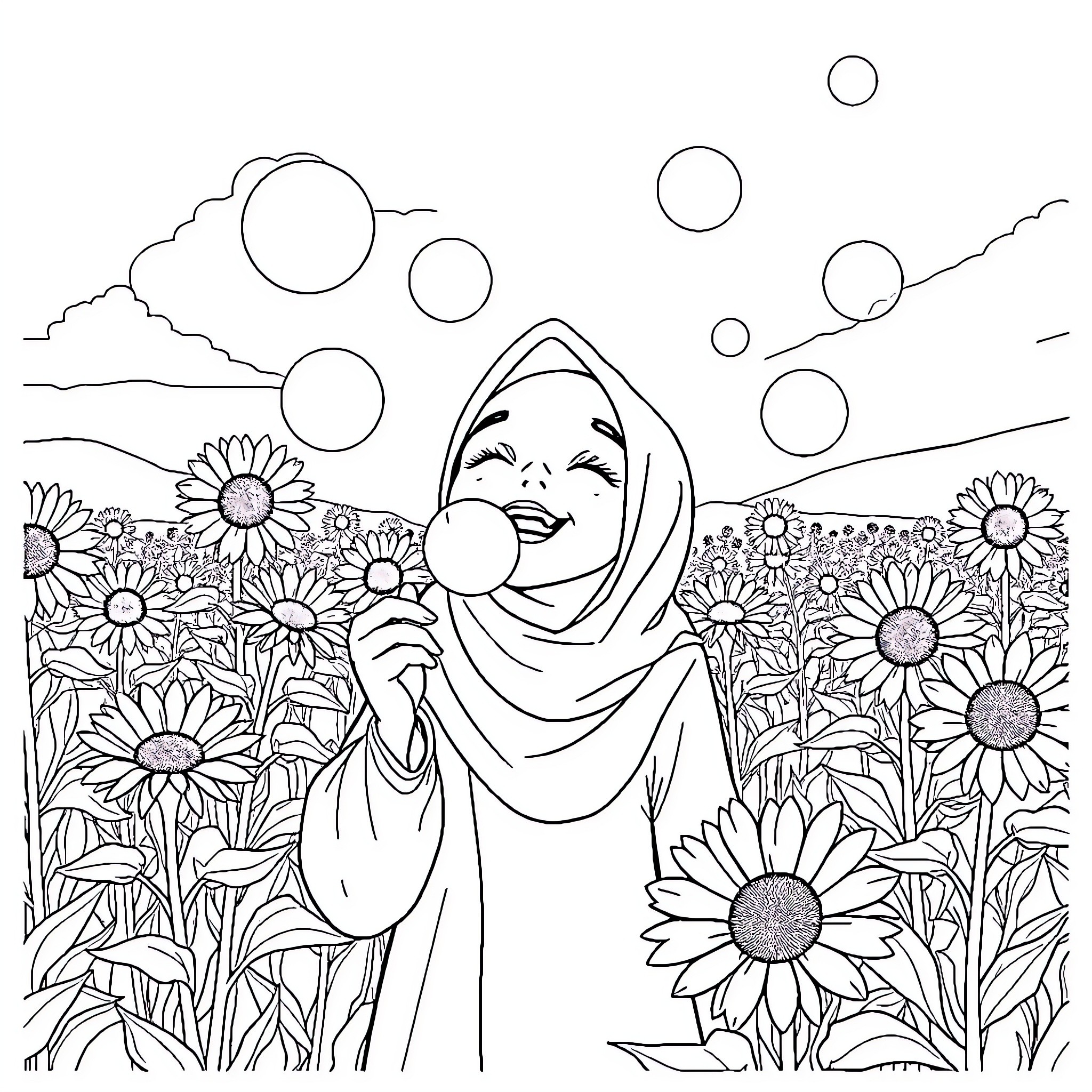 Girl Smiling Amid Sunflowers and Bubbles Coloring Page (free black-and-white line drawing printable PDF for all, from beginners to advanced learners, including children, teens, adults, and seniors)