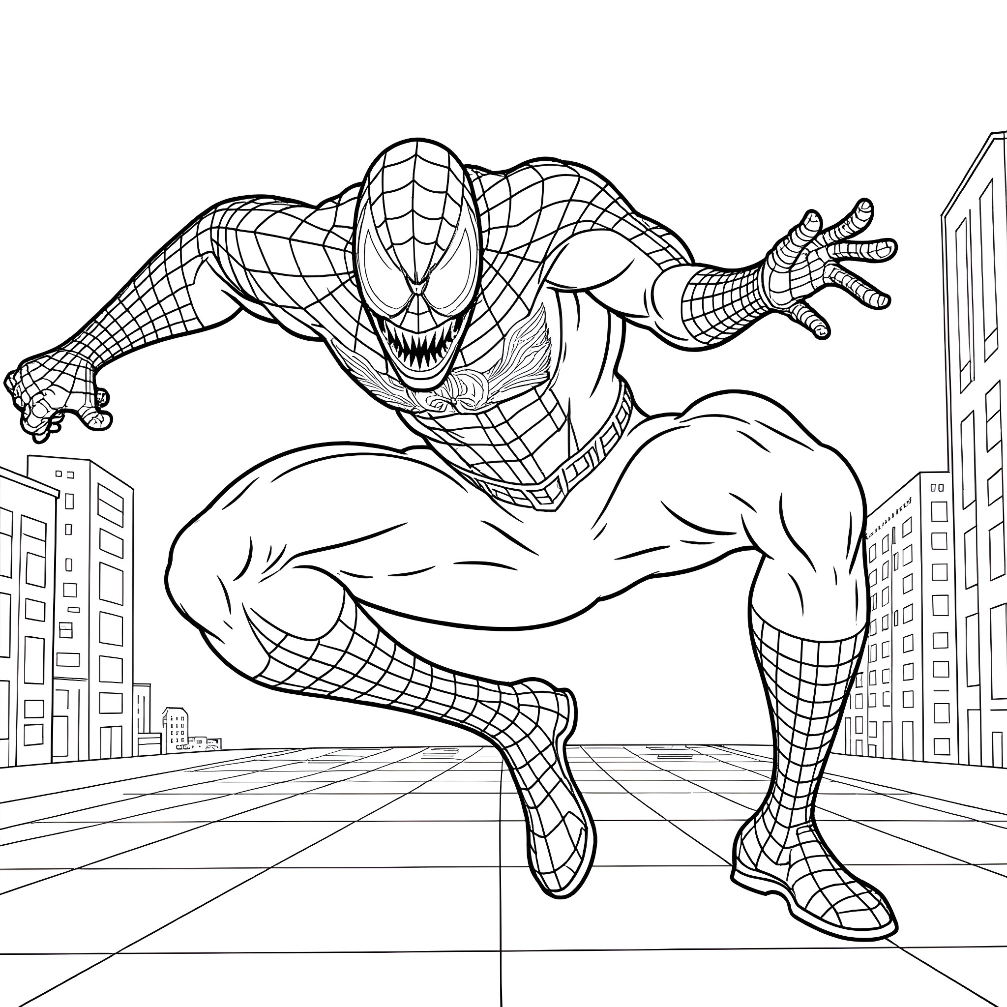 Spiderman leaping through the city skyline Coloring Page (free black-and-white line drawing printable PDF for all, from beginners to advanced learners, including children, teens, adults, and seniors)