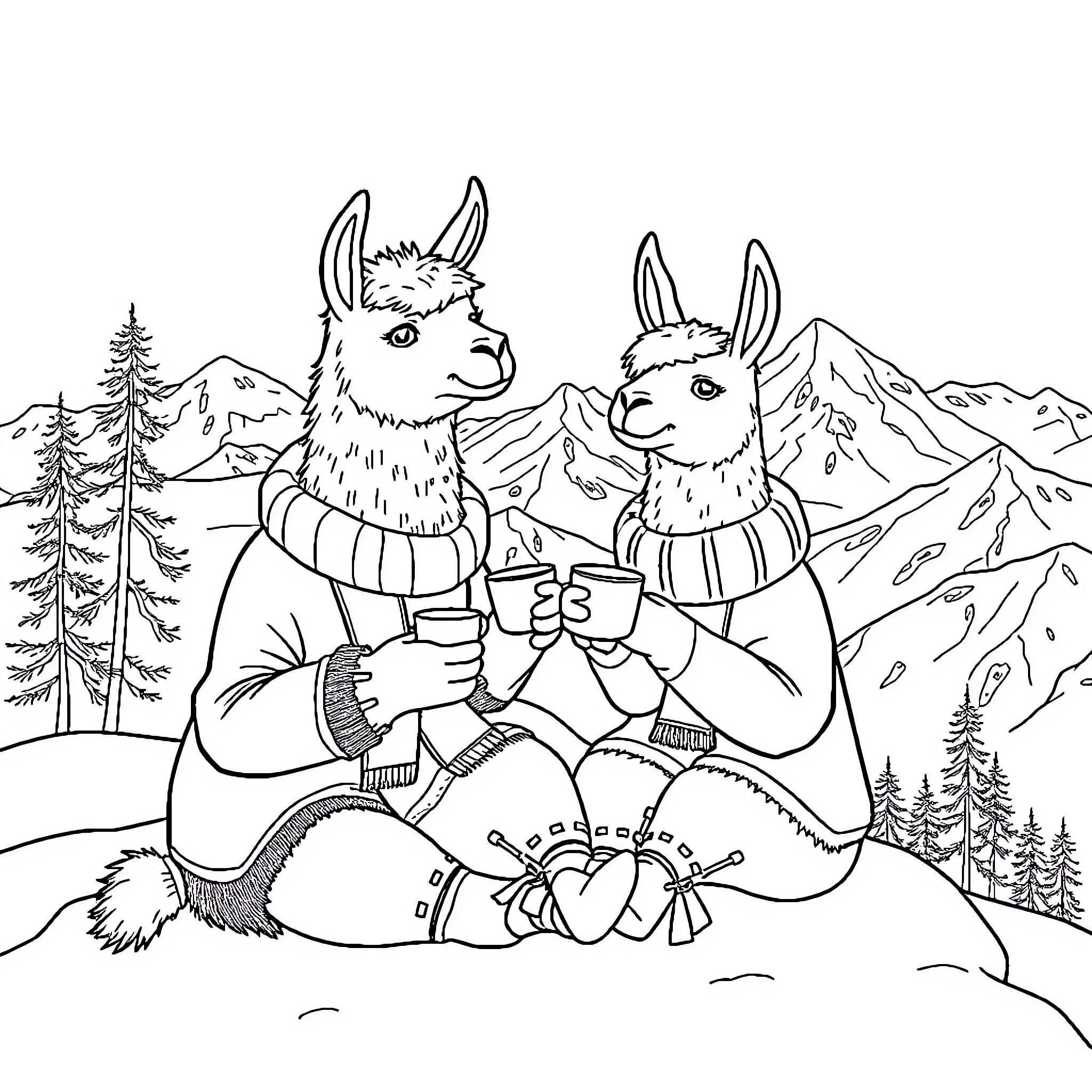 Llamas celebrating winter together in snowy landscape Coloring Page (free black-and-white line drawing printable PDF for all, from beginners to advanced learners, including children, teens, adults, and seniors)