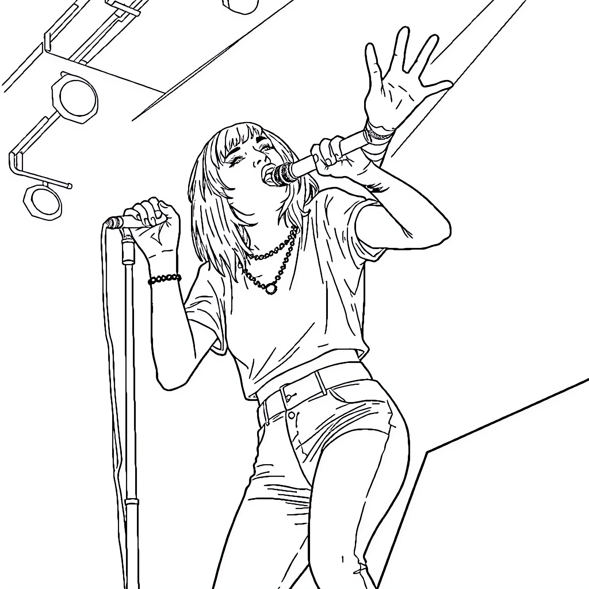 Billie Eilish performing on stage with microphone Coloring Page (free black-and-white line drawing printable PDF for all, from beginners to advanced learners, including children, teens, adults, and seniors)