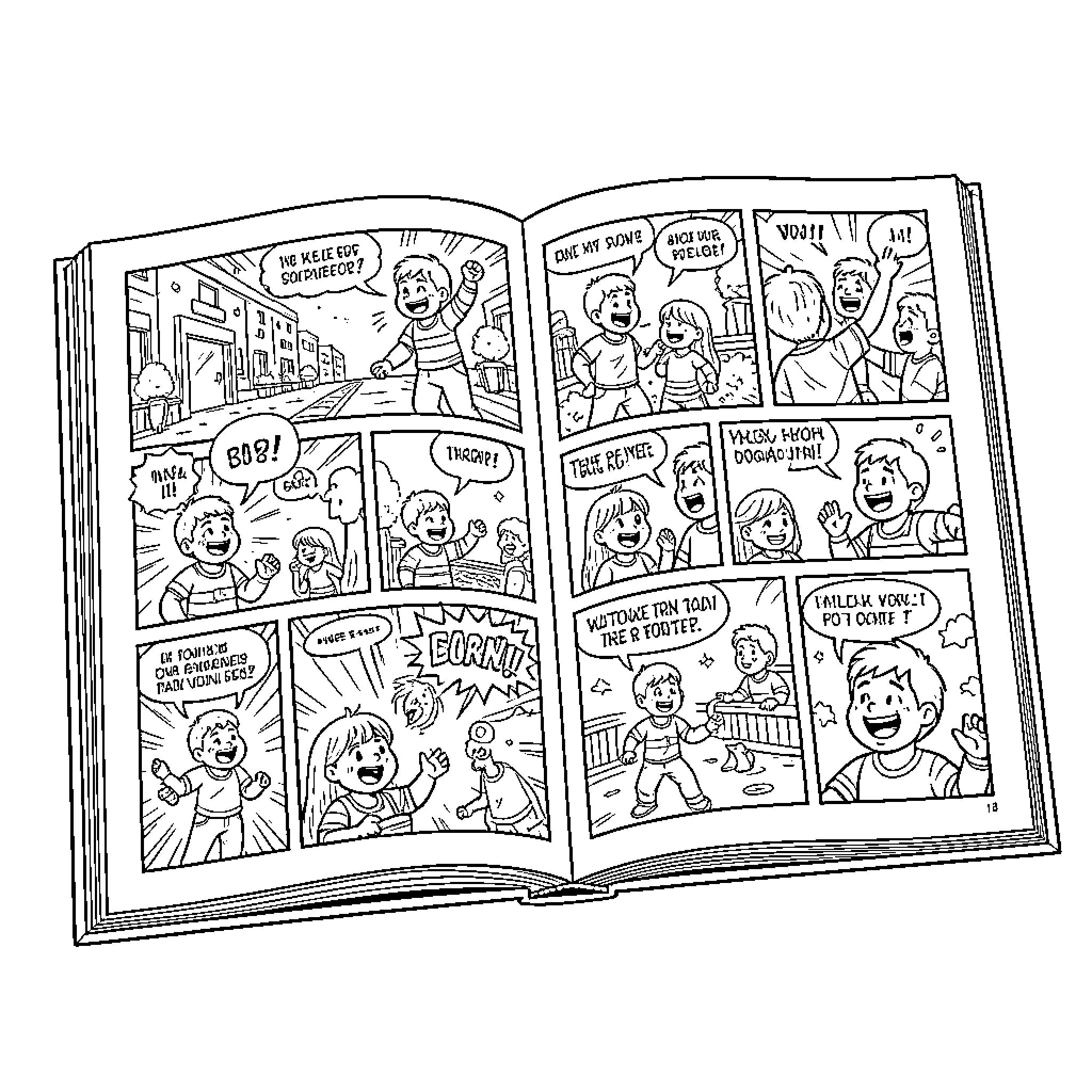 BD Cartoon Characters in Dialogue Panels Coloring Page (free black-and-white line drawing printable PDF for all, from beginners to advanced learners, including children, teens, adults, and seniors)