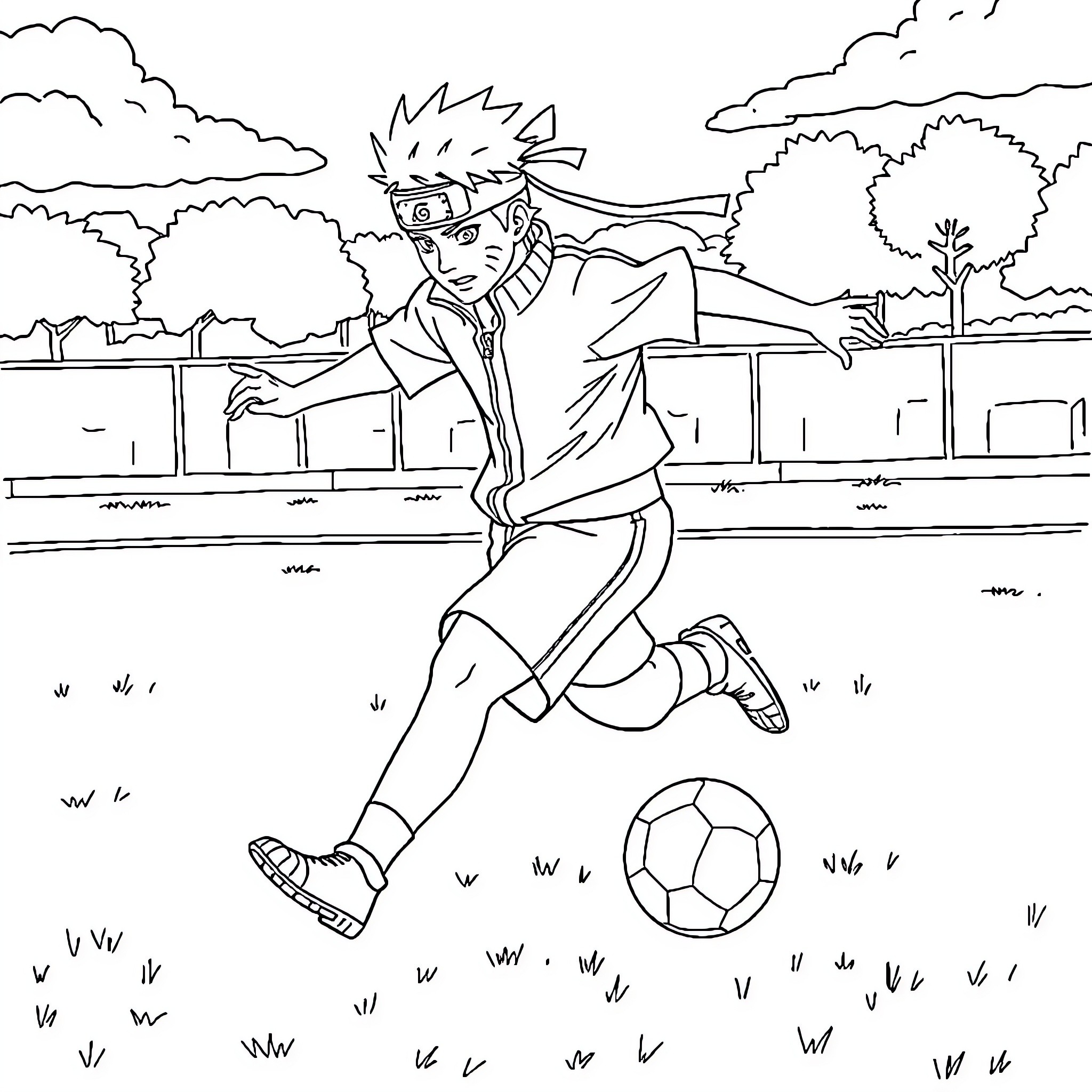 Naruto playing soccer on the field Coloring Page (free black-and-white line drawing printable PDF for all, from beginners to advanced learners, including children, teens, adults, and seniors)