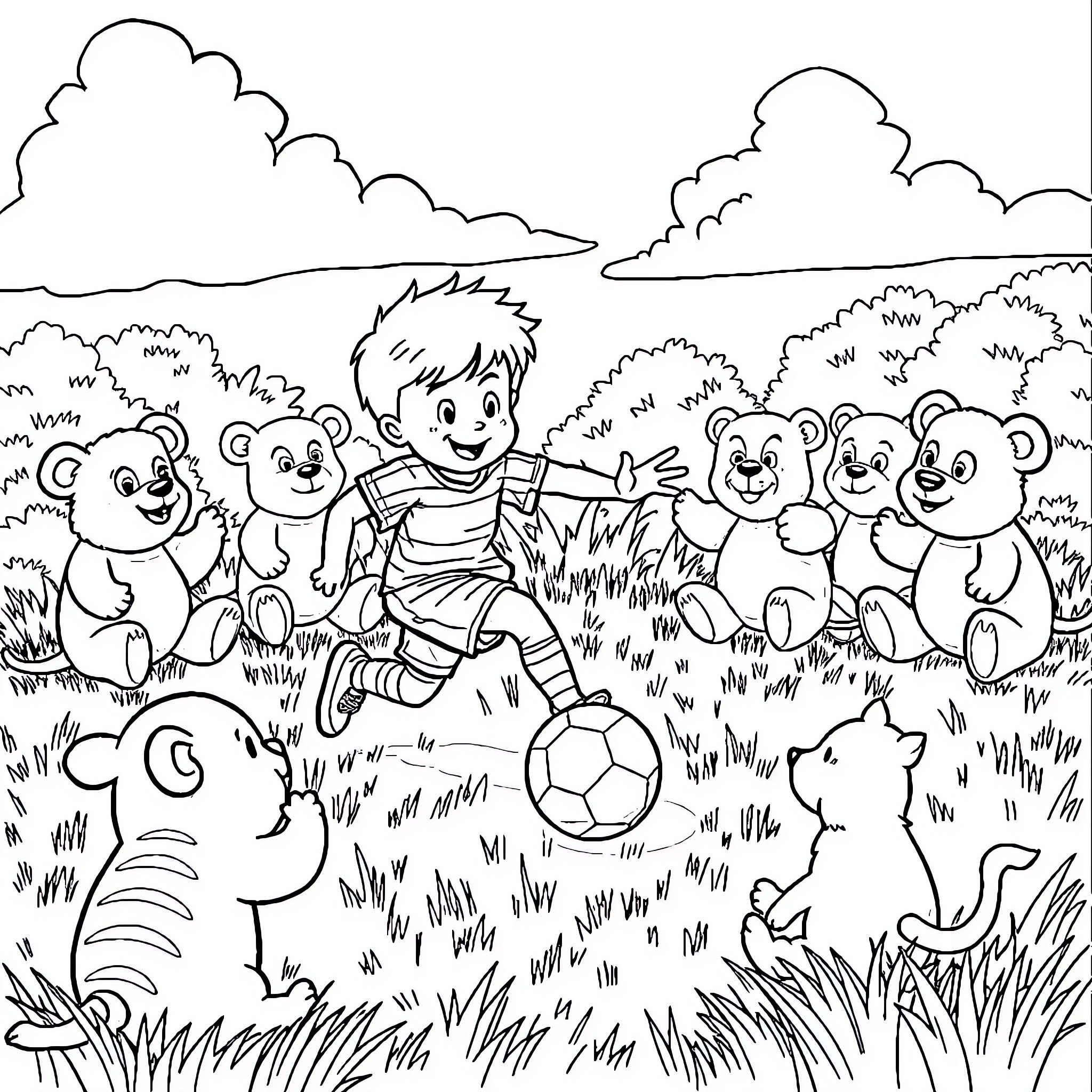 Boy playing soccer with stuffed animal friends in nature Coloring Page (free black-and-white line drawing printable PDF for all, from beginners to advanced learners, including children, teens, adults, and seniors)