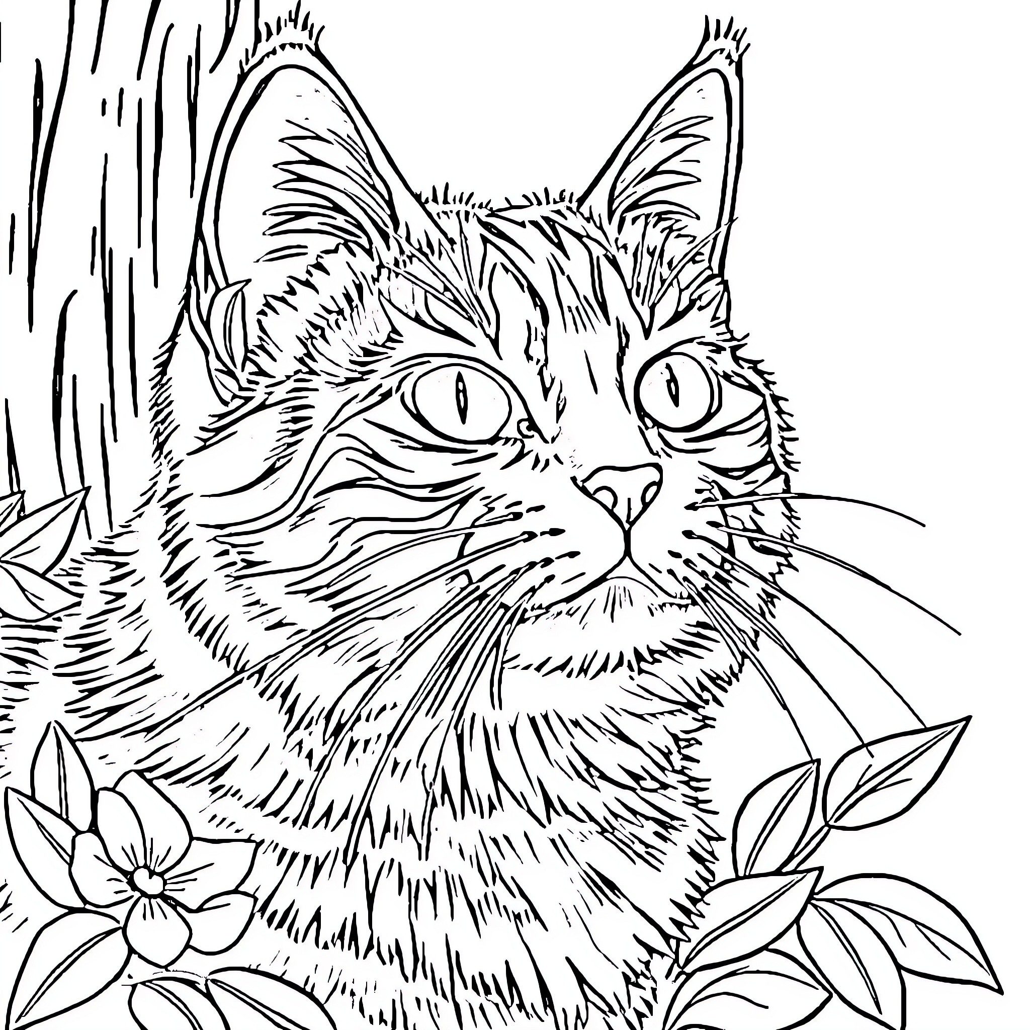 Cat with Intriguing Gaze among Floral Surroundings Coloring Page (free black-and-white line drawing printable PDF for all, from beginners to advanced learners, including children, teens, adults, and seniors)