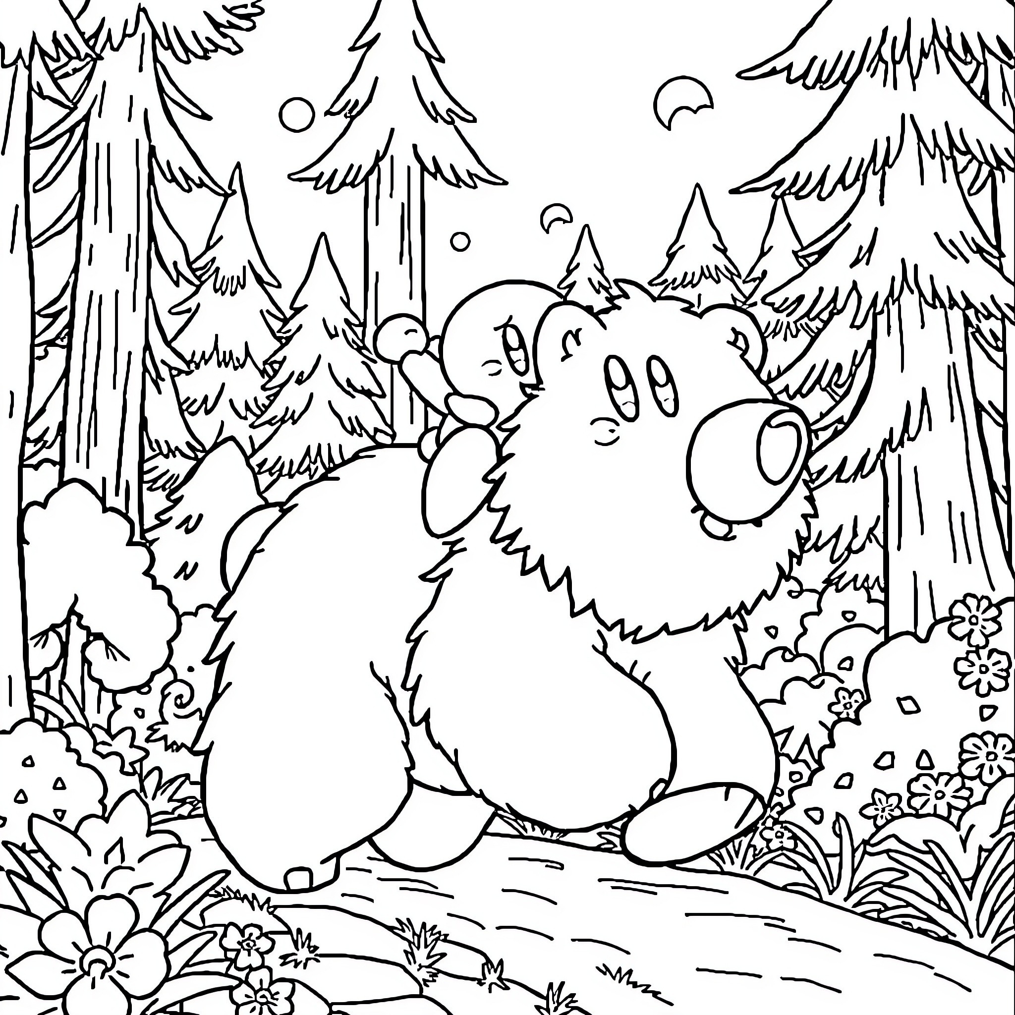 Kirby exploring the enchanted forest Coloring Page (free black-and-white line drawing printable PDF for all, from beginners to advanced learners, including children, teens, adults, and seniors)