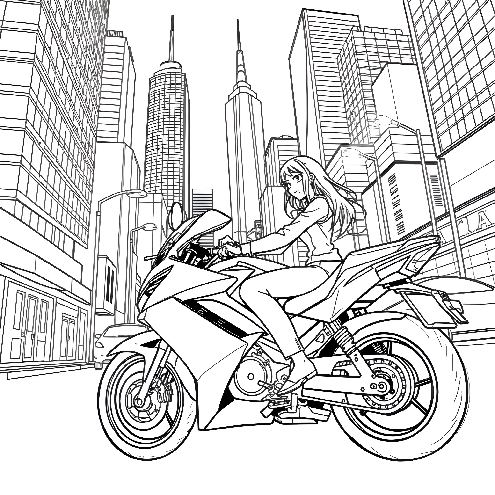 Kuromi riding a motorcycle in the city Coloring Page (free black-and-white line drawing printable PDF for all, from beginners to advanced learners, including children, teens, adults, and seniors)