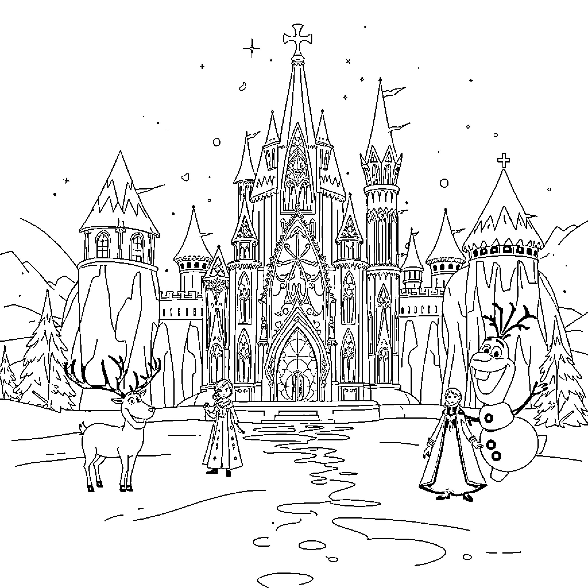 Elsa's Enchanting Winter Palace Coloring Page (free black-and-white line drawing printable PDF for all, from beginners to advanced learners, including children, teens, adults, and seniors)