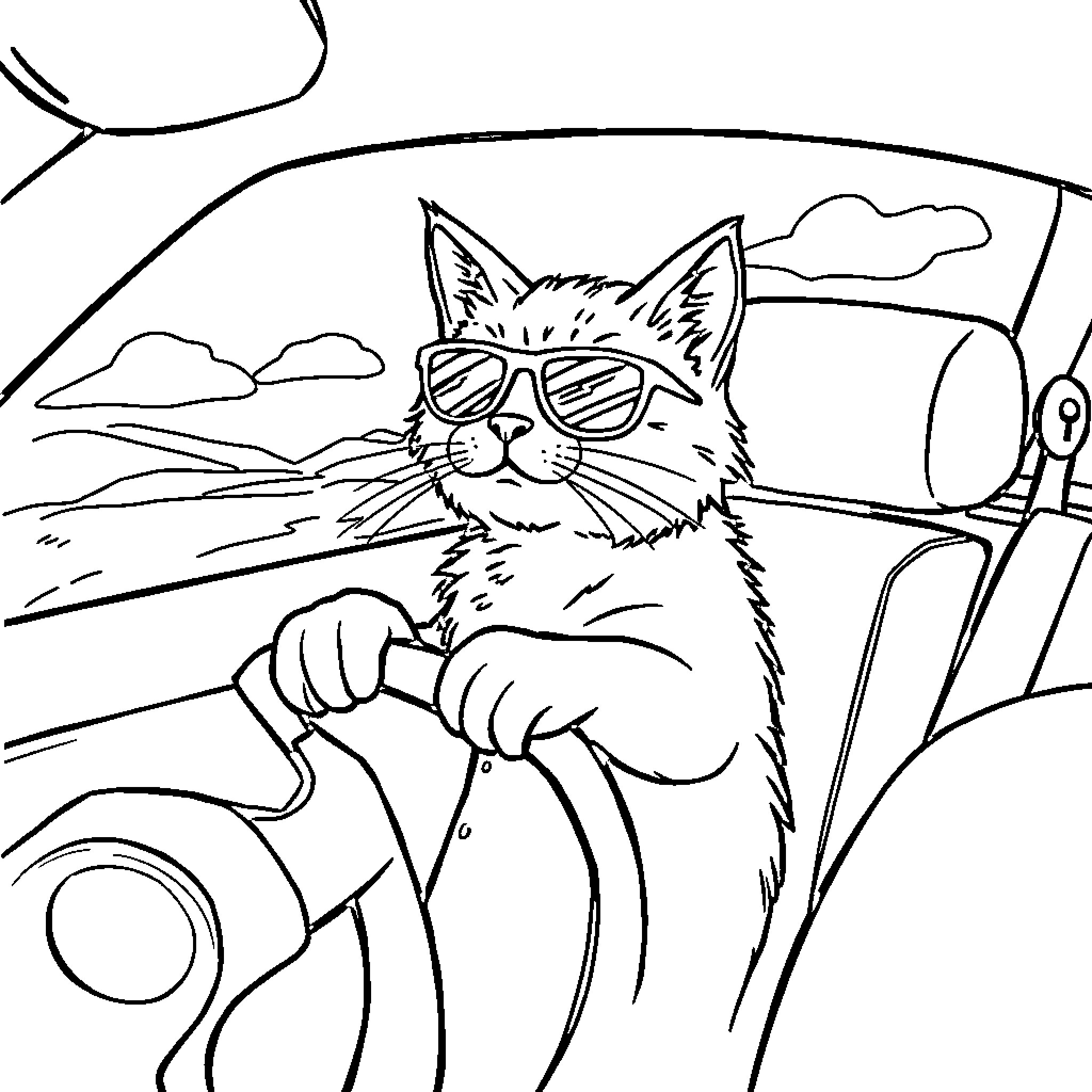 Chat with a Stylish Cat Cruising in a Car Coloring Page (free black-and-white line drawing printable PDF for all, from beginners to advanced learners, including children, teens, adults, and seniors)