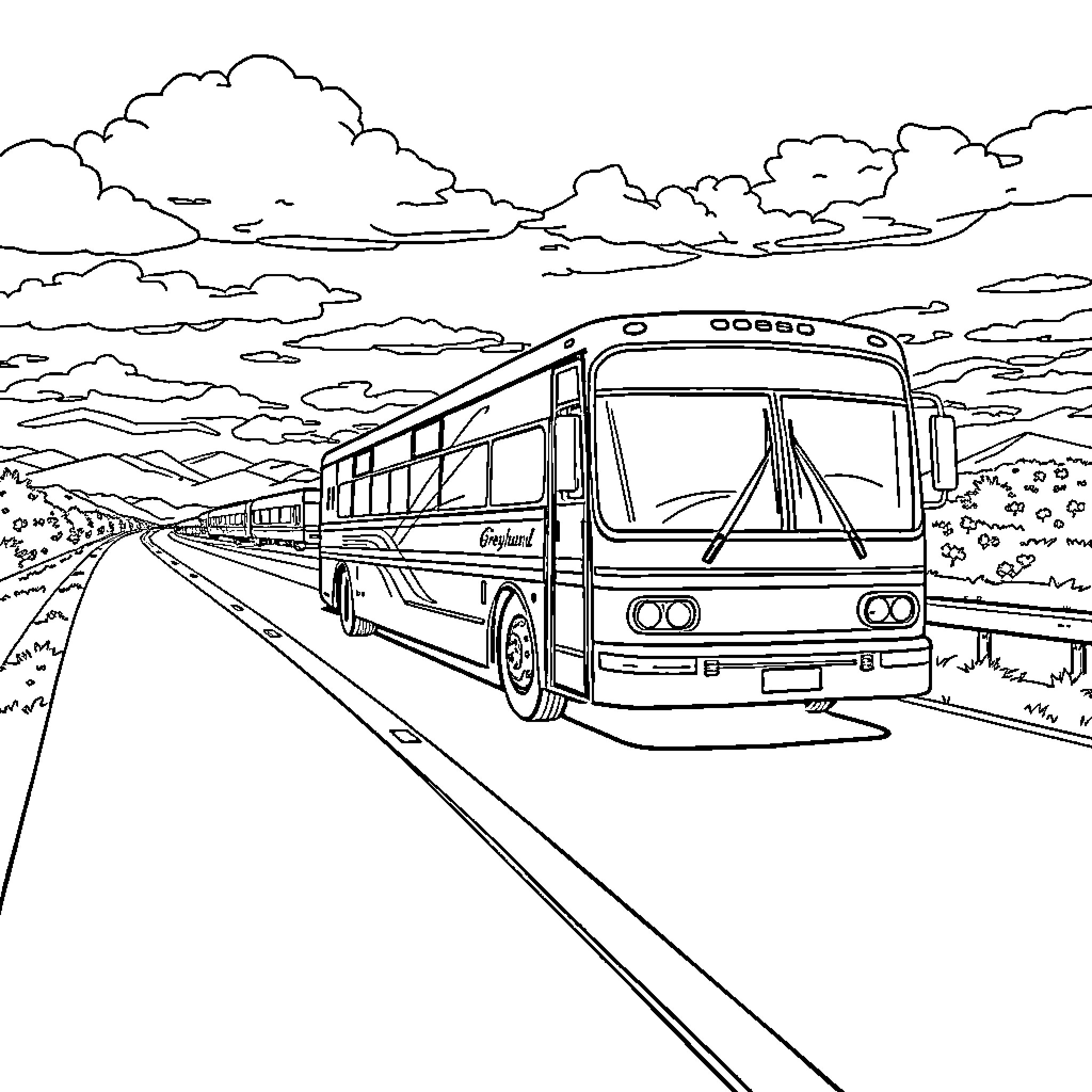 Bus Traveling on Scenic Highway through Countryside Coloring Page (free black-and-white line drawing printable PDF for all, from beginners to advanced learners, including children, teens, adults, and seniors)