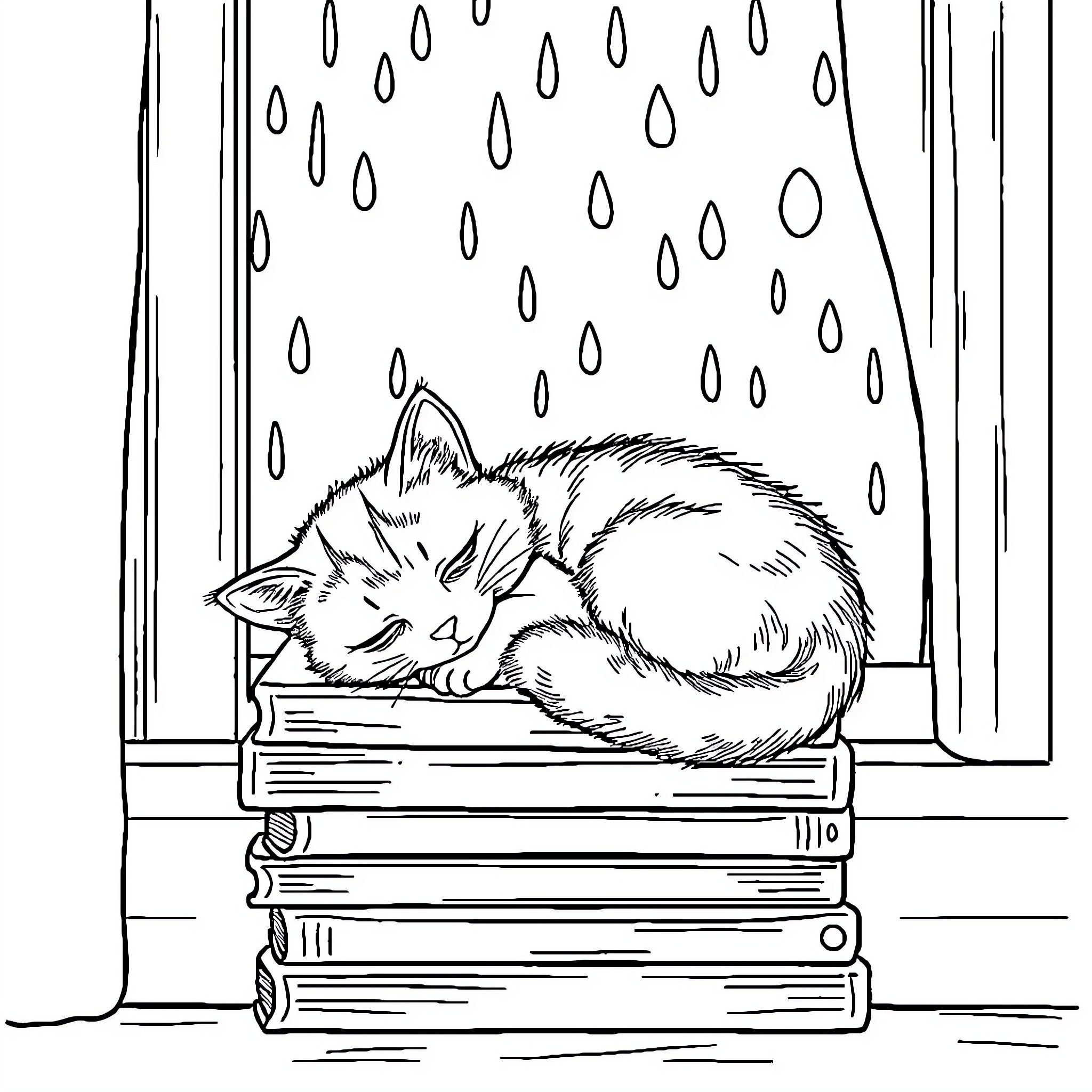Kitten sleeping peacefully on books by rainy window Coloring Page (free black-and-white line drawing printable PDF for all, from beginners to advanced learners, including children, teens, adults, and seniors)