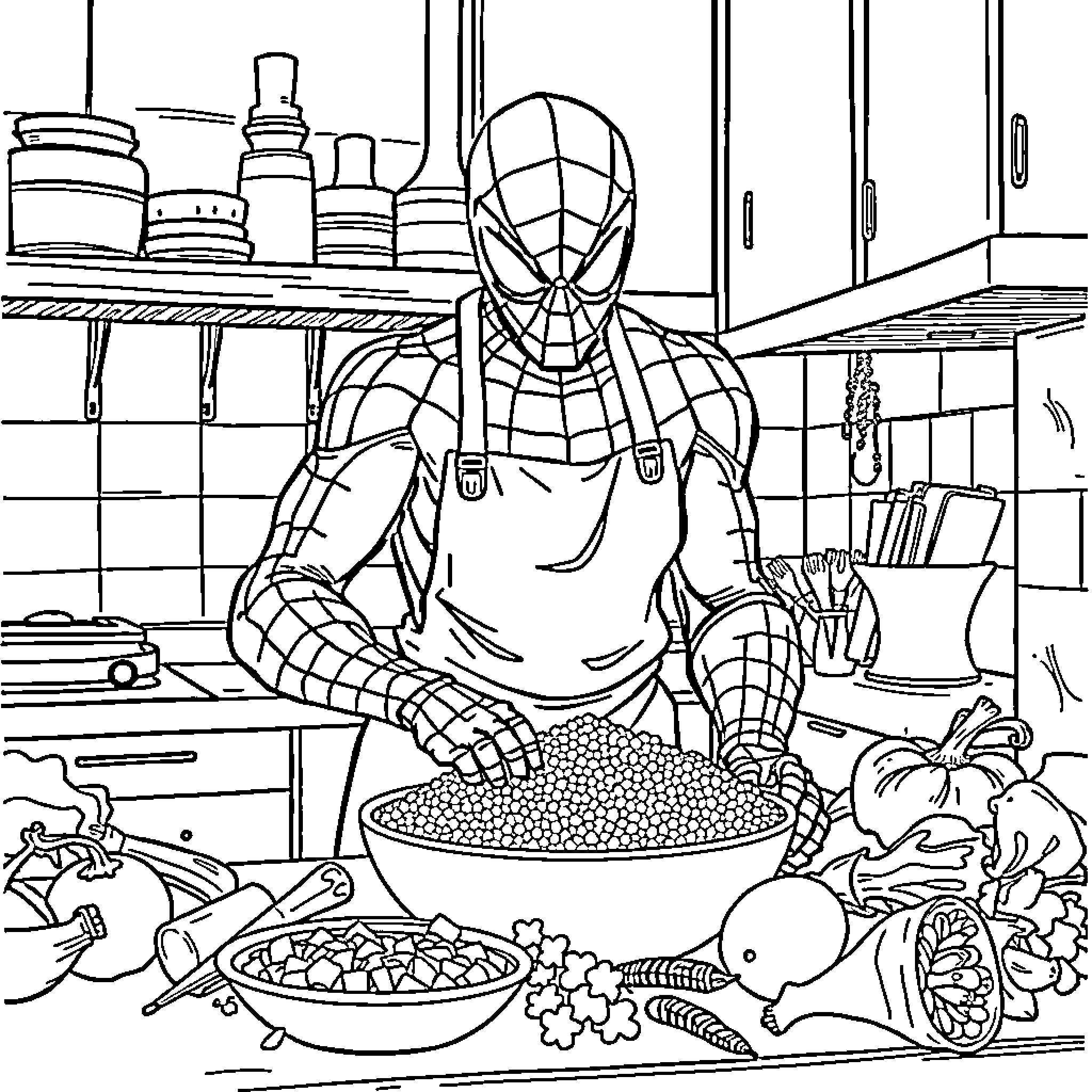 Spiderman cooking a meal in the kitchen Coloring Page (free black-and-white line drawing printable PDF for all, from beginners to advanced learners, including children, teens, adults, and seniors)