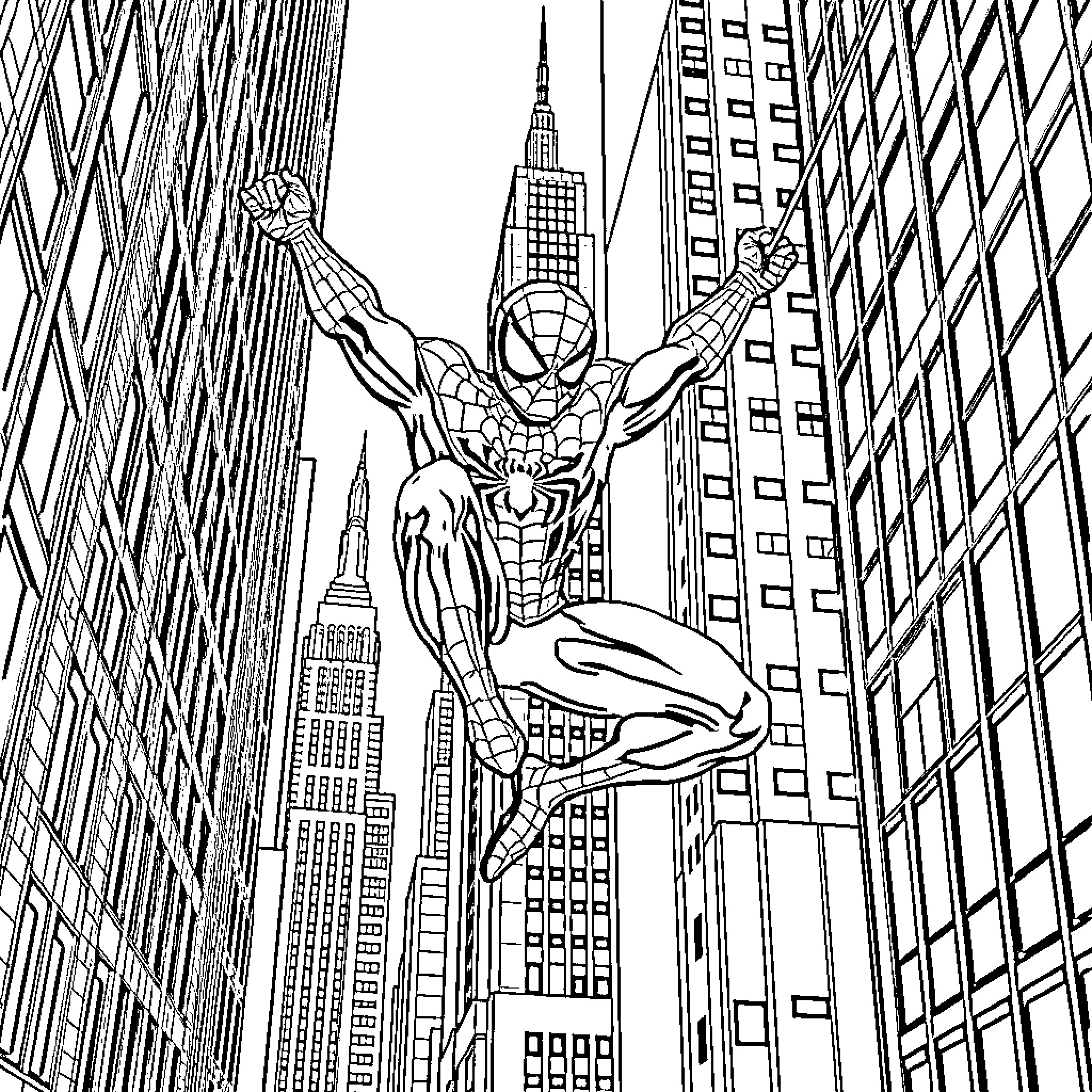Spider-Man swinging through the city skyline Coloring Page (free black-and-white line drawing printable PDF for all, from beginners to advanced learners, including children, teens, adults, and seniors)