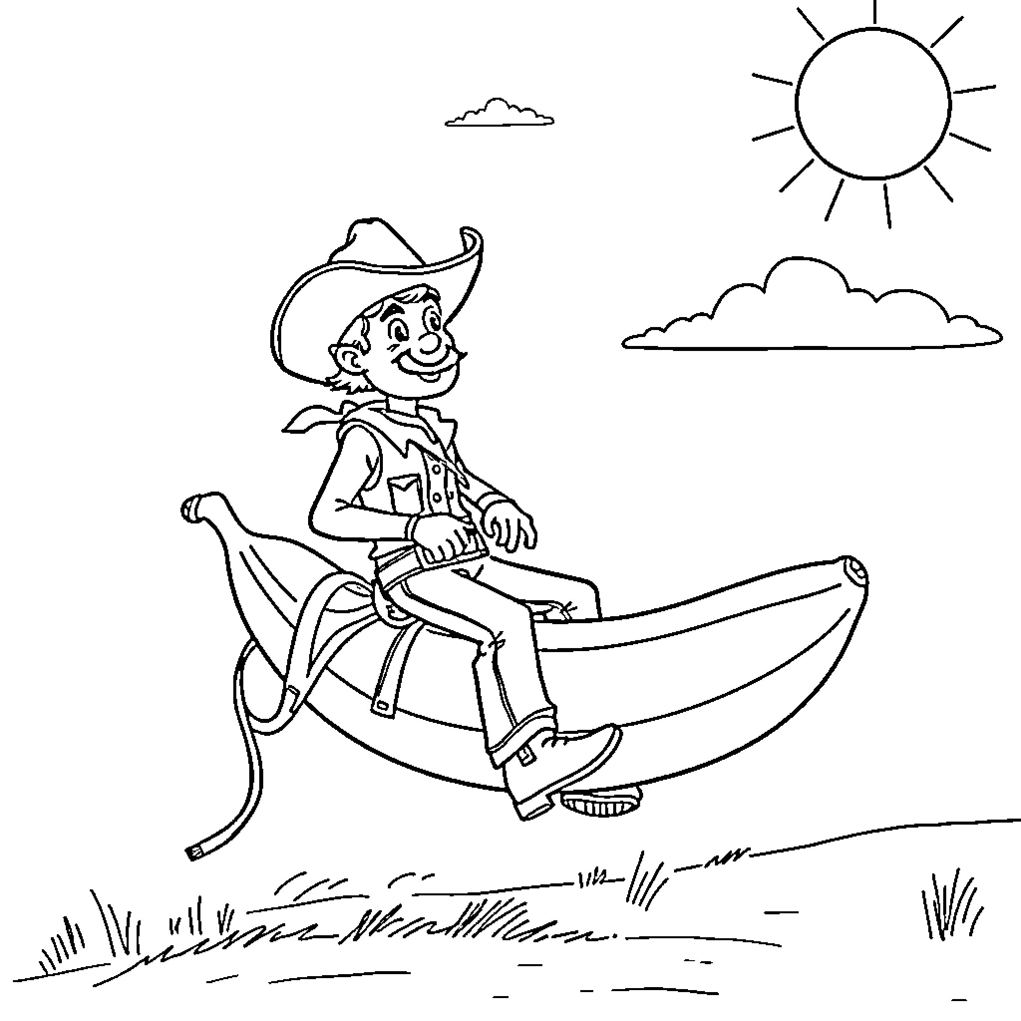 Cowboy riding a banana in the countryside Coloring Page (free black-and-white line drawing printable PDF for all, from beginners to advanced learners, including children, teens, adults, and seniors)