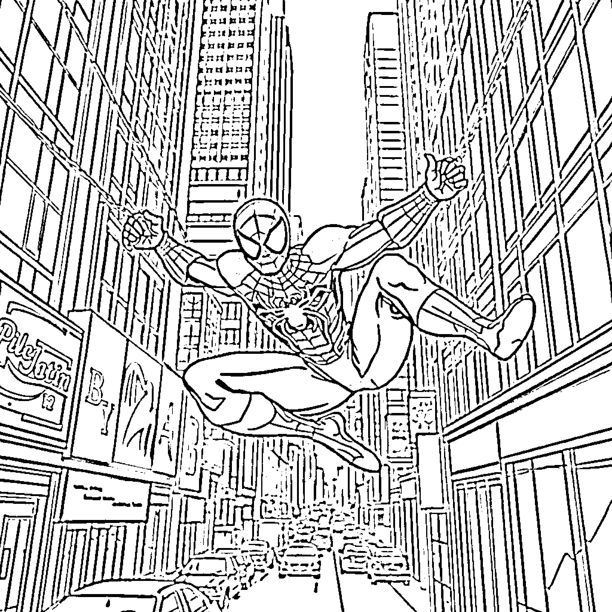 Spiderman swinging through the city skyline Coloring Page (free black-and-white line drawing printable PDF for all, from beginners to advanced learners, including children, teens, adults, and seniors)