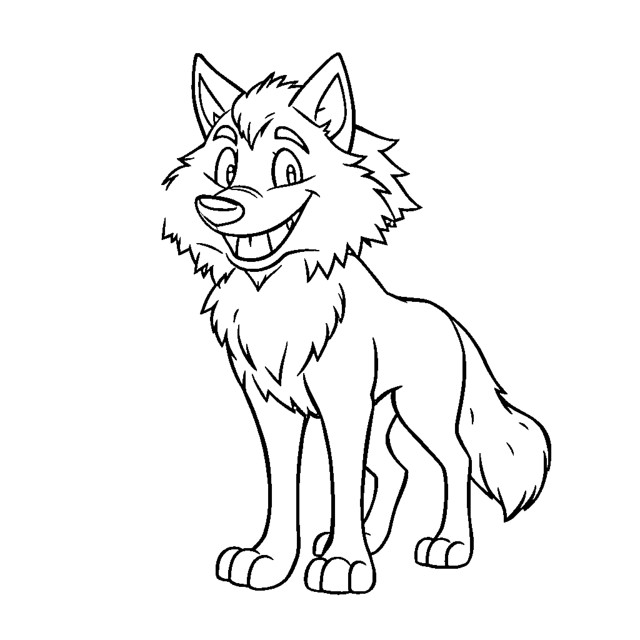 Wolf with a playful expression Coloring Page (free black-and-white line drawing printable PDF for all, from beginners to advanced learners, including children, teens, adults, and seniors)